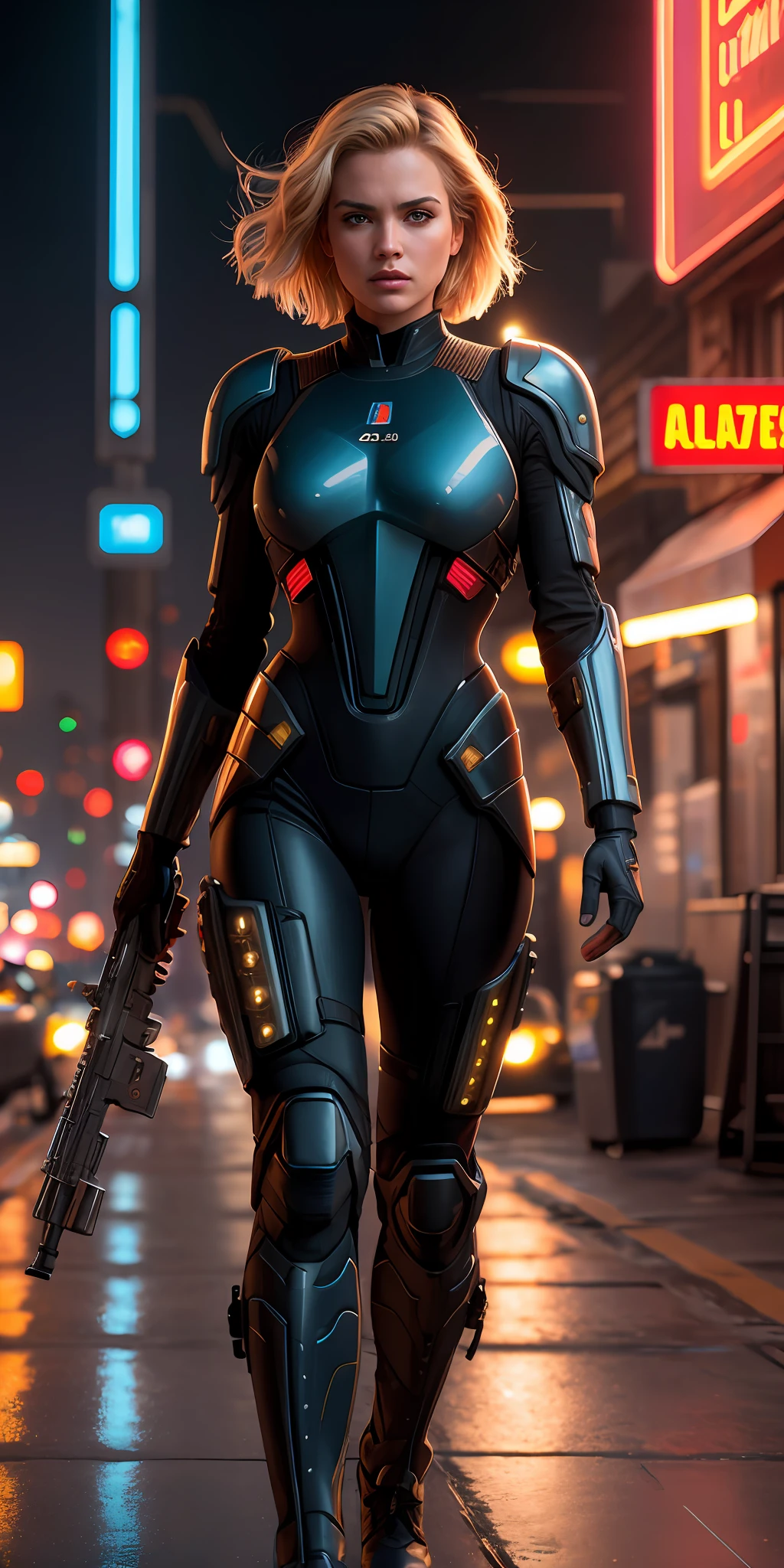 Masterpiece, a beautiful soldier woman, starship troopers, blonde, straight long hair, lipstick, in a street bustling with neon signs, aesthetic starship troopers, cyberpunk aesthetics, short hair, very detailed lighting, dramatic, digital art trend in Artstation 8k HD high definition detailed realistic, detailed, skin texture, hyper detailed, realistic skin texture, armor, best quality, ultra high res,  (photorealistic: 1.4), high resolution, detailed, Raw photo, Sharp Re, by Lee Jeffries Nikon D850 Film Stock Photography 4 Kodak Portra 400 Camera F1.6 Lens Rich Colors Hyper Realistic Realistic texture Dramatic lighting UnrealEngine trend in ArtStation Cinestill 800