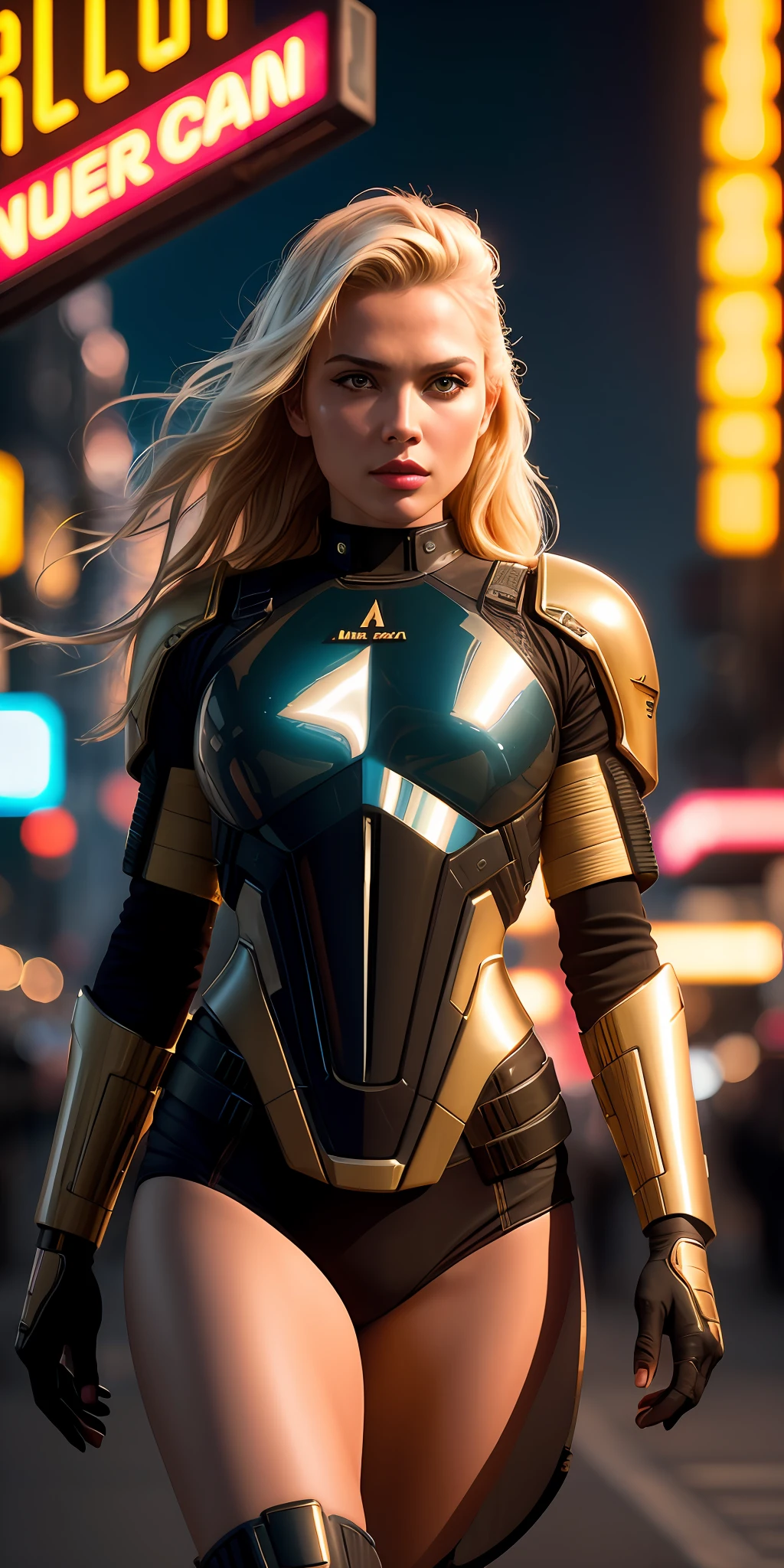 Masterpiece, a beautiful soldier woman, starship troopers, blonde, straight long hair, lipstick, in a street bustling with neon signs, aesthetic starship troopers, cyberpunk aesthetics, short hair, very detailed lighting, dramatic, digital art trend in Artstation 8k HD high definition detailed realistic, detailed, skin texture, hyper detailed, realistic skin texture, armor, best quality, ultra high res,  (photorealistic: 1.4), high resolution, detailed, Raw photo, Sharp Re, by Lee Jeffries Nikon D850 Film Stock Photography 4 Kodak Portra 400 Camera F1.6 Lens Rich Colors Hyper Realistic Realistic texture Dramatic lighting UnrealEngine trend in ArtStation Cinestill 800