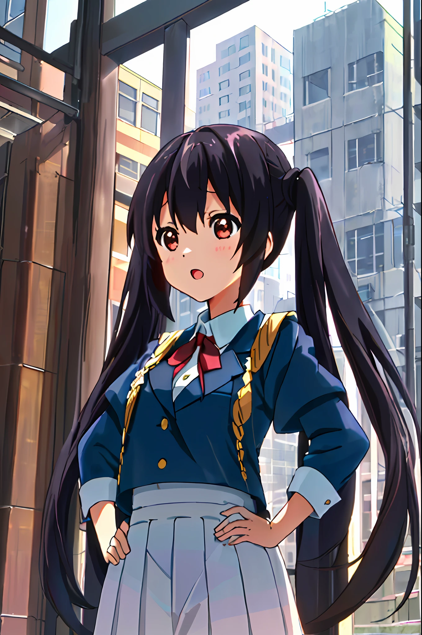 1girl, ((((Masterpiece))), Best Quality, Best Quality, High Detail, Azusa Nakano, 1girl, Sakuragaoka High School Uniform, Musical Instrument, School Uniform, Twin Tails, Long Hair, Black Hair, Brown Eyes, Solo, Red, Dark blue blazer with a thin ribbon of red, Solid white button shirt under blazer, Illustration, Cartoon, Soothing tones, Muted colors, Soft cinematic light, Adobe Lightroom, Photo Lab, HDR, complex and highly detailed, (((depth of field))))). (((Masterpiece))). (((highest quality))).) ((super detail))). (((Illustration))). (((Outside))). (((hands on hips))). (((Stretch your chest)))),(((Gigantic))).dynamic focus.small breasts. (((skyscrapers))). (((Cityscape))). (((Face of sadness))). open mouth.