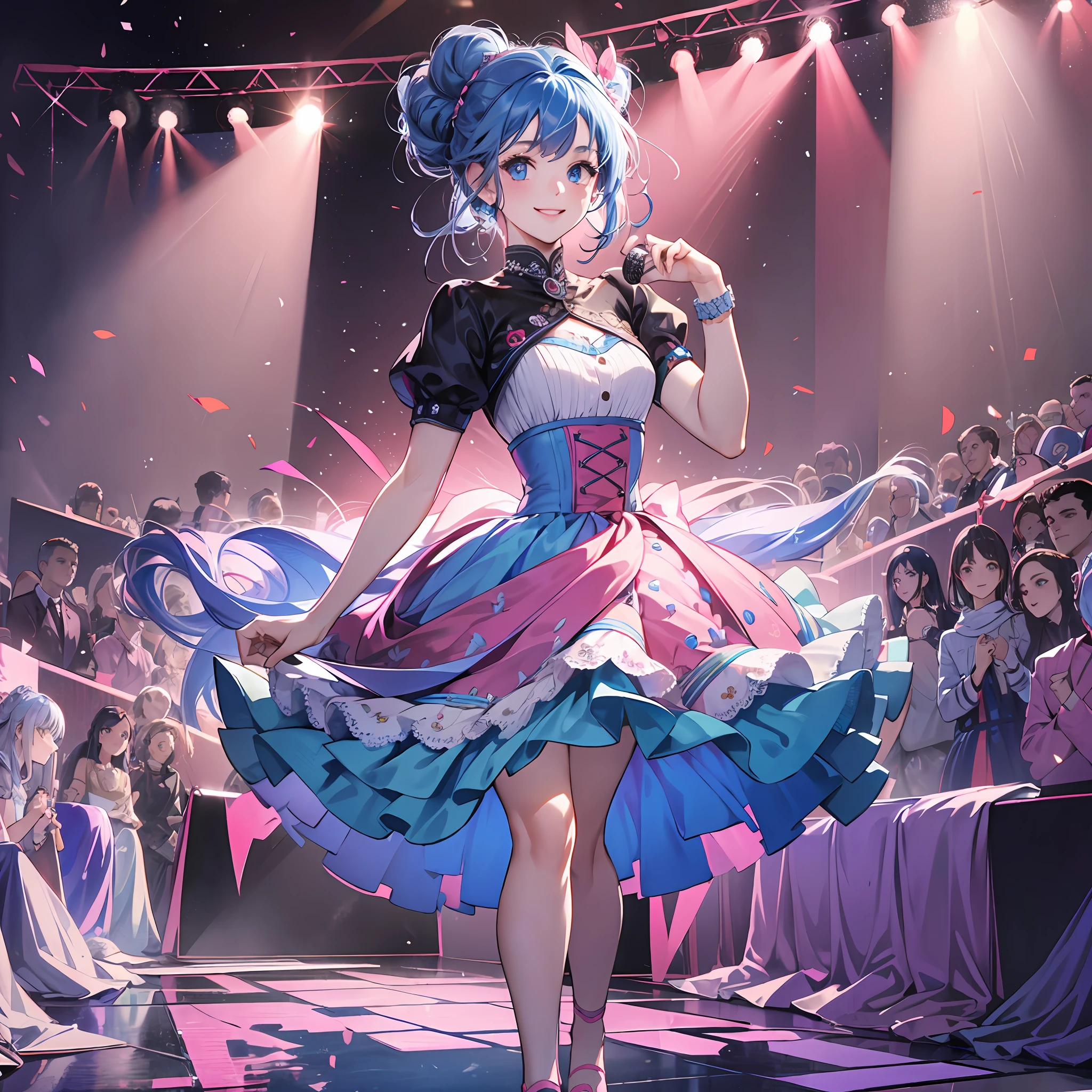 ((masterpiece)), (best quality), (detailed), (1girl), blue hair, blue eyes, updo, pink dress, smile, microphone in hand, standing on stage, full audience in front, panorama, far view