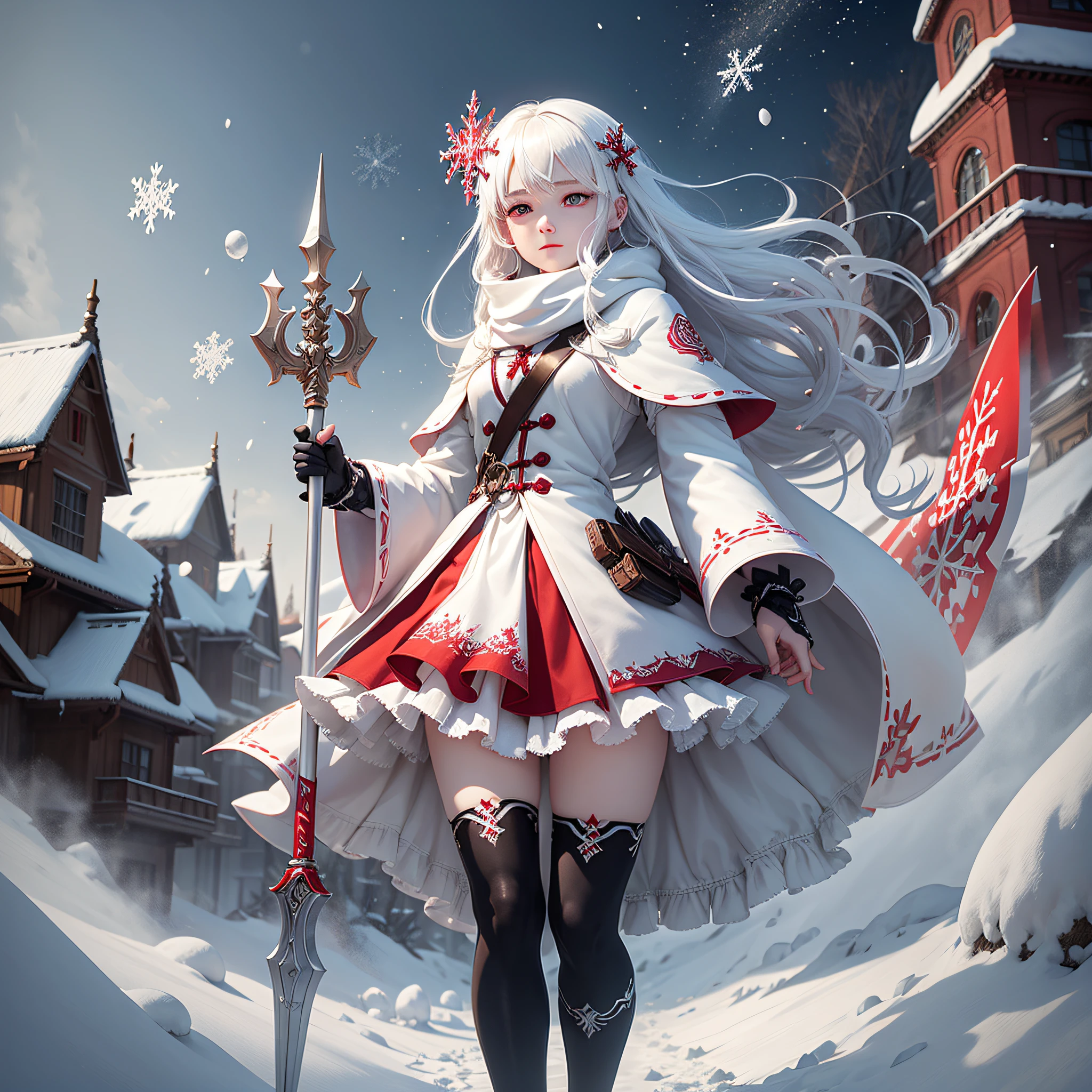 Snow-like skin, snow-white hair, red eyes, wearing a skirt, snowflakes floating beside him, and loli with a staff in hand --auto --s2