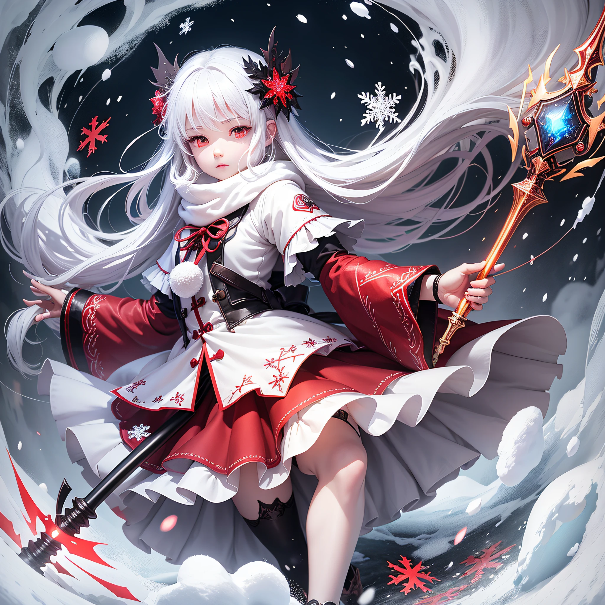 Snow-like skin, snow-white hair, red eyes, wearing a skirt, snowflakes floating beside him, and loli with a staff in hand --auto --s2