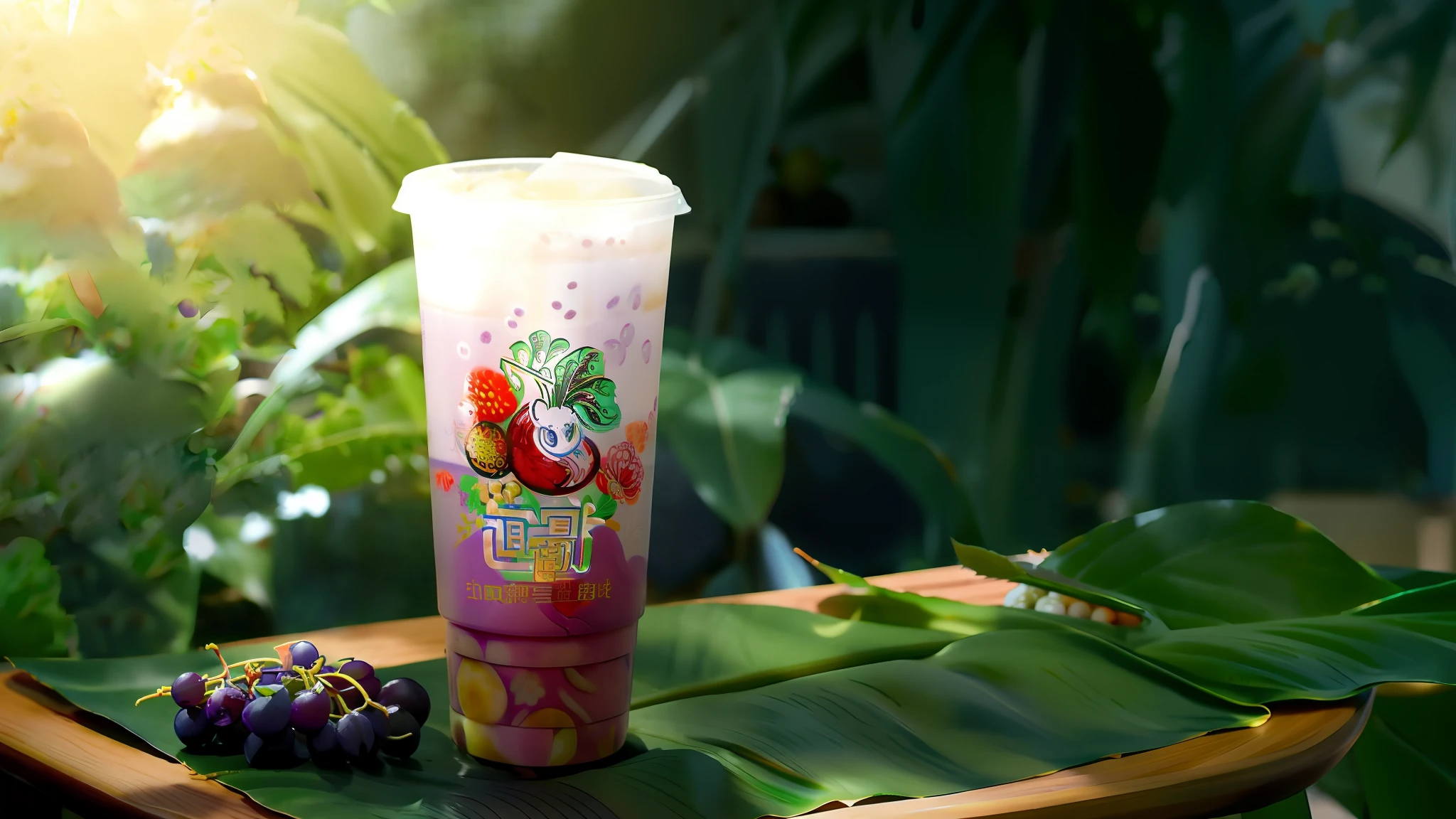 there is a plastic cup with a straw and grapes on a table, colored milk tea, drinking boba tea, inspired by Pu Hua, mangosteen, bian lian, inspired by Ju Lian, promotional render, drink, promo image, jia, summer season, high quality image, portrait shot, inspired by Li Mei-shu, refreshing, queen of the sea mu yanling