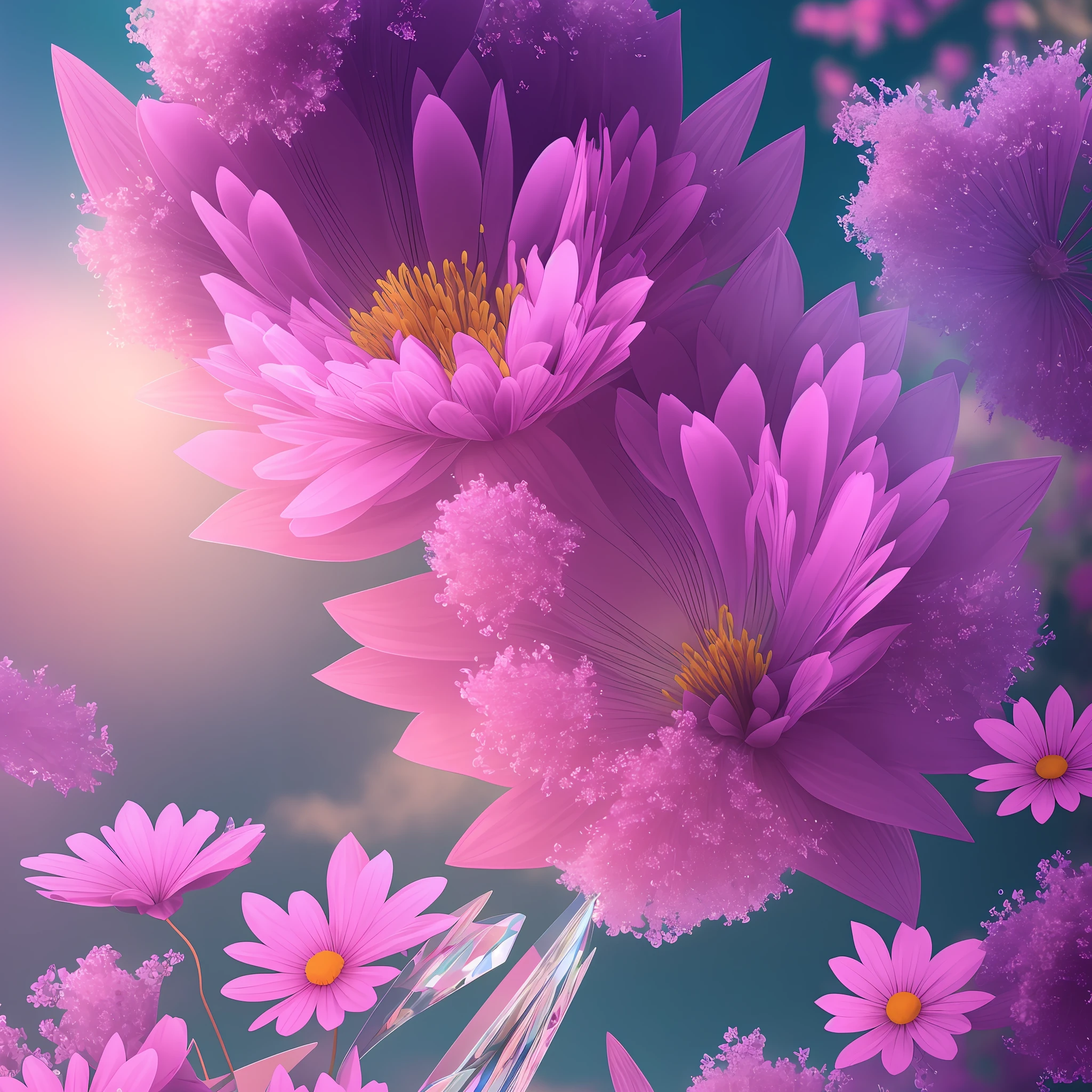 purple flowers in a vase with a blue sky background, magical colorful flowers, beautiful art uhd 4 k, beautiful iphone wallpaper, magical flowers, beautiful digital art, very beautiful digital art, beautiful composition 3 - d 4 k, beautiful gorgeous digital art, beatiful backgrounds, flowery wallpaper, soft flowers, beautiful wallpaper, 4k highly detailed digital art