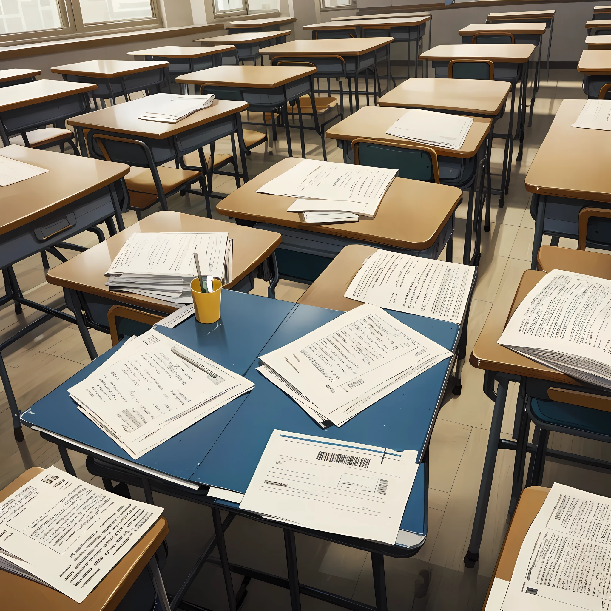 On the desk in the classroom, there is an examination paper