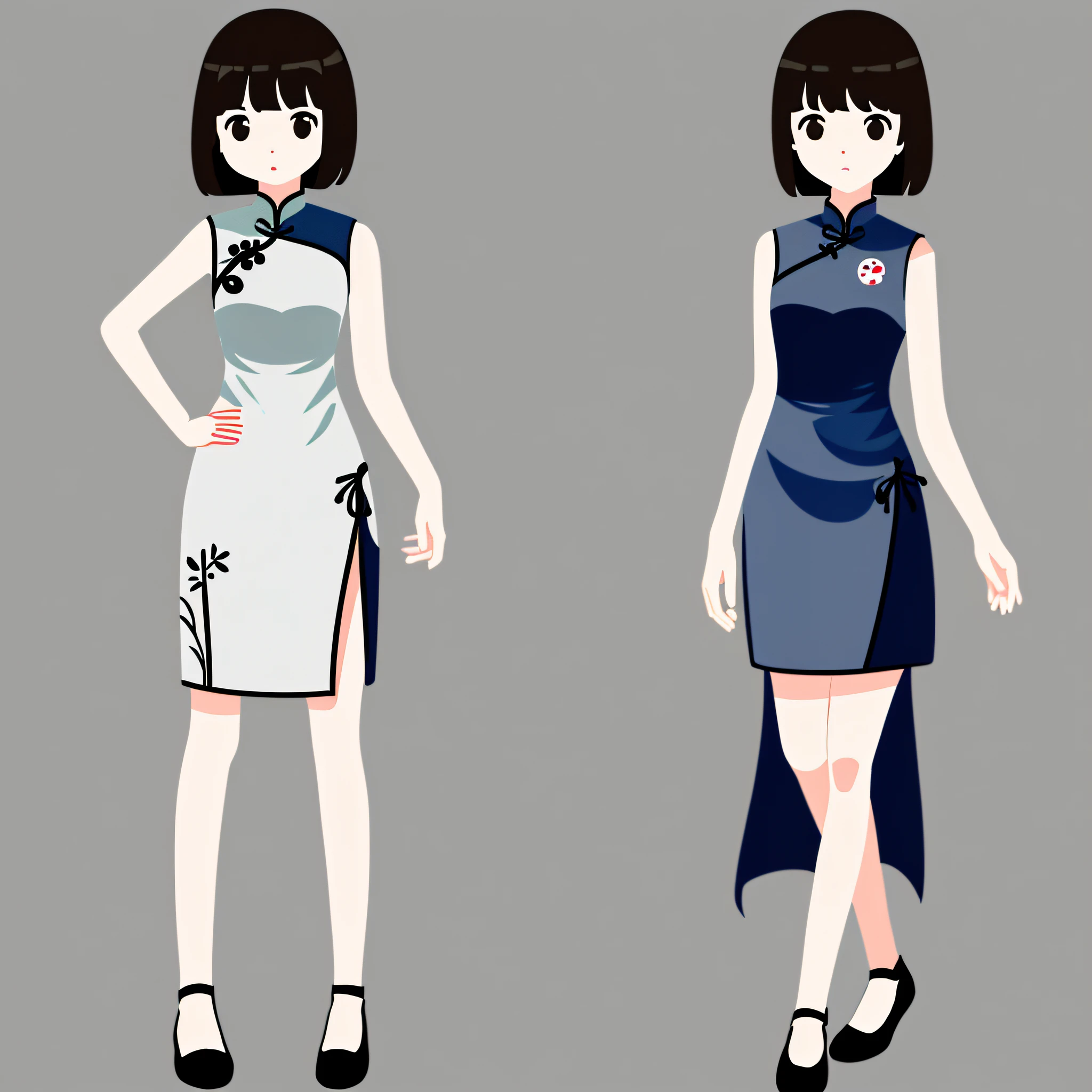 (Person Sticker:1.2), Simple design, gray background,full body of one girl coming cheongsam dress