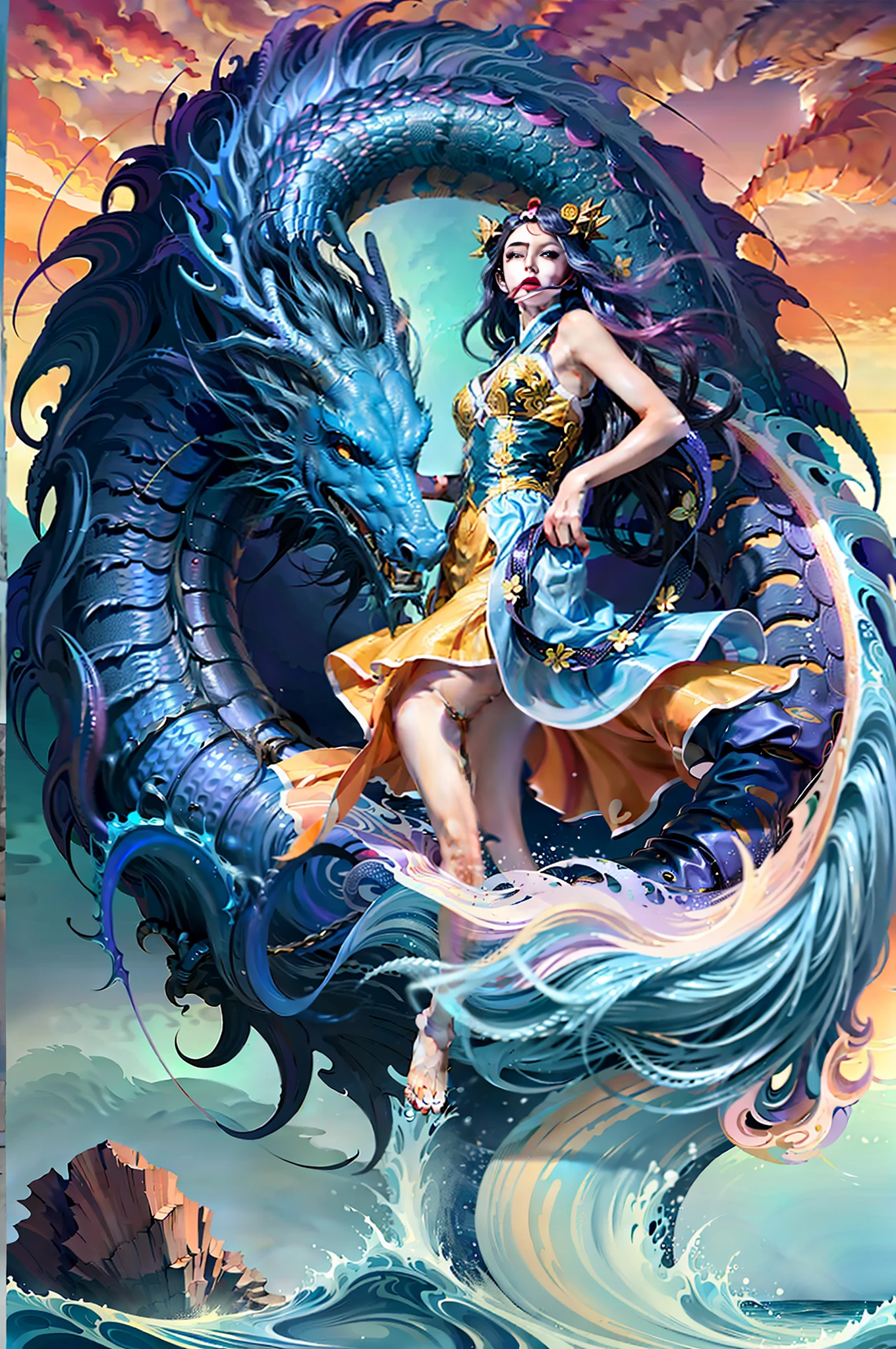 (Masterpiece, Top Quality, 4K, Best Quality, Girl, Long Hair, (Glow: 1.15), (Team: 1.1), (Flowers: 1.15), (Monarch: 1.05), Long Coat, Surrounded by Giant Chinese Dragon, light_blue_hair, Liquid Hair, Long Hair, Floating Hair, Standing, Sun Dress, Liquid Clothes, Water, Waves, Tsunami, Tides, Sea, Water Dress, Fantasy, High Contrast, Explosion, Overexposure, Purple and Red Tone Impression, Negative Space,