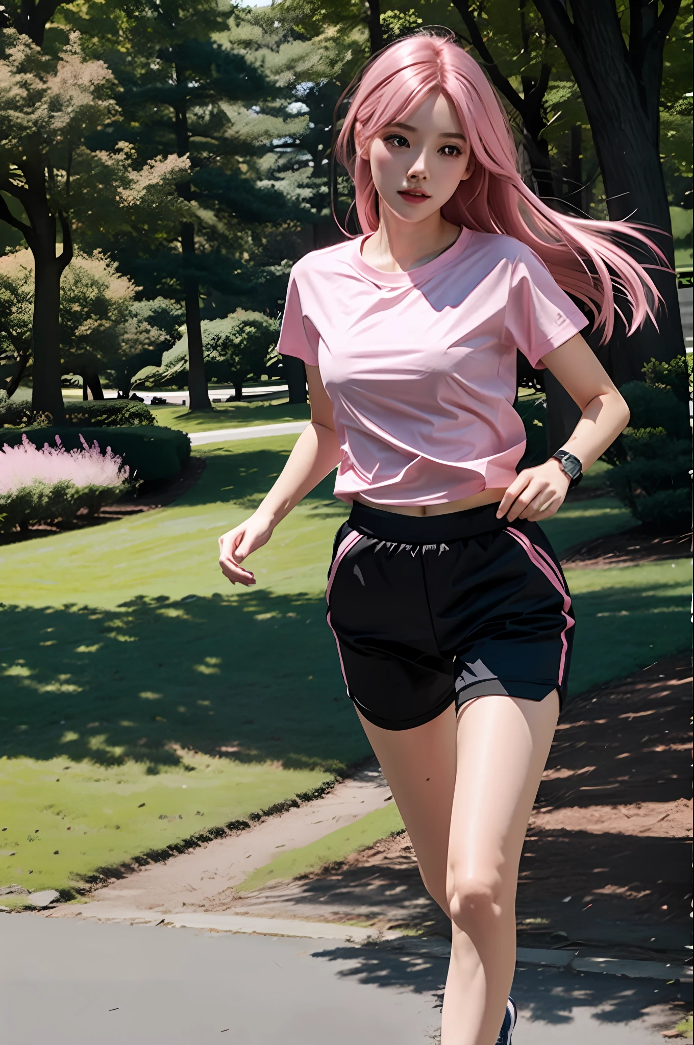 Realistic, realistic details, details.
1 girl, beauty, seductive face,, fine skin, pink hair, long hair, full body, running in the park. Thin legs. Black jersey. T-shirt. Short long pants.