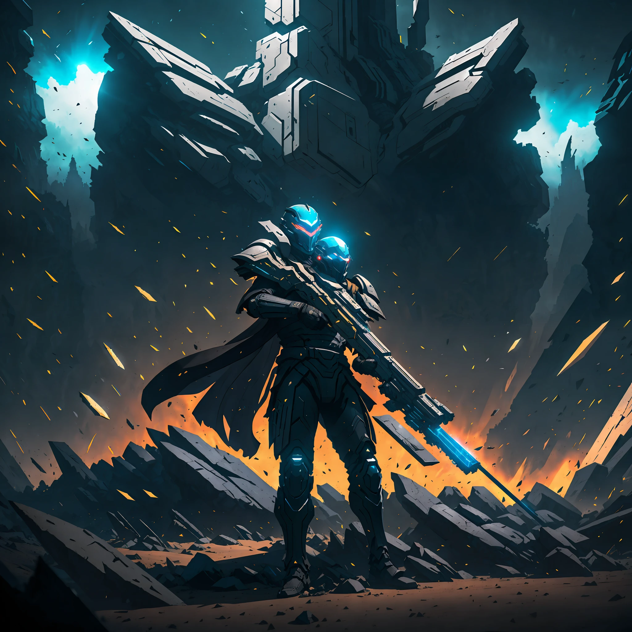 dramatic pose of futuristic soldier holding glowing energy weapon in heavy metal armor, industrial design, destiny 2, dark souls, dark background, down lighting, dramatic, action pose, tattered cloth cape, dark leather cloth, mysterious, hyperrealistic, highly detailed, high contrast, bloom, 4k, octane render, --ar 2:3 --v 4 --auto --s2