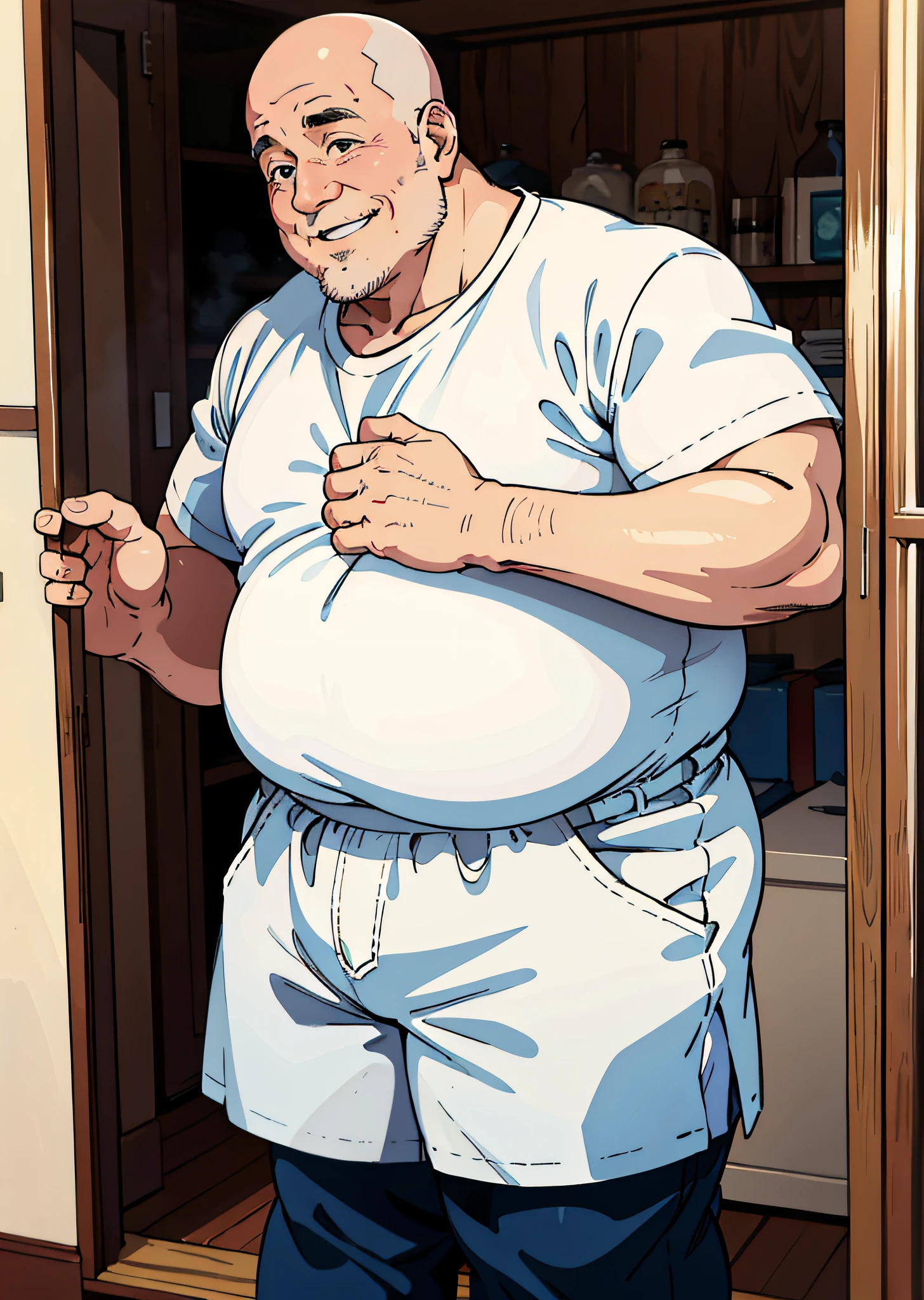 (1 man, bald, obese, middle-aged man, white shirt) with white panties on his head and lewd smile