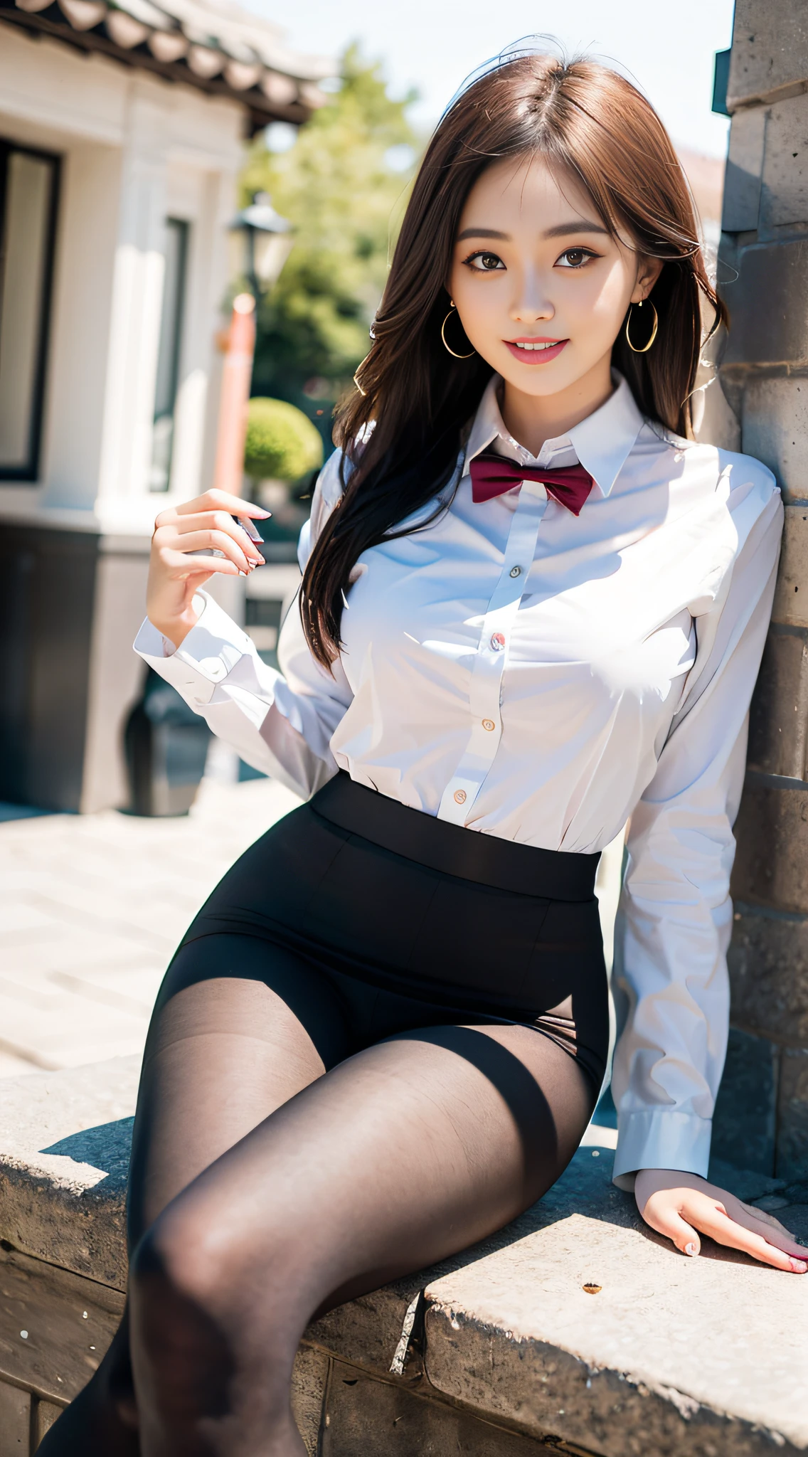 Exquisite, masterpiece, beautiful details, colorful, exquisite details, delicate lips, intricate details, large breasts, 1 female, (a beautiful 20-year-old cute Korean woman: 1.1), (kpop idol, Korean mixed), (50mm Sigma f/1.4 ZEISS lens, F1.4, 1/800s, ISO 100, photograpy: 1.1), (photorealistic: 1.4), (spy:1.2), (Open Jacket, Shirt, Skirt, Tie, (Black Pantyhose), Christian Louboutin\(Brand\),:1.3), Earrings, Necklace, Armband, (Tavern, Bar:1.2), (Beautiful Legs, High Girl, Skinny, slim_legs, thigh_gap, Model:1.2), Lens flare, viewed from the front, (Happy smile: 1.1), dynamic pose, (makeup: 1.2), sitting on a bar stool,