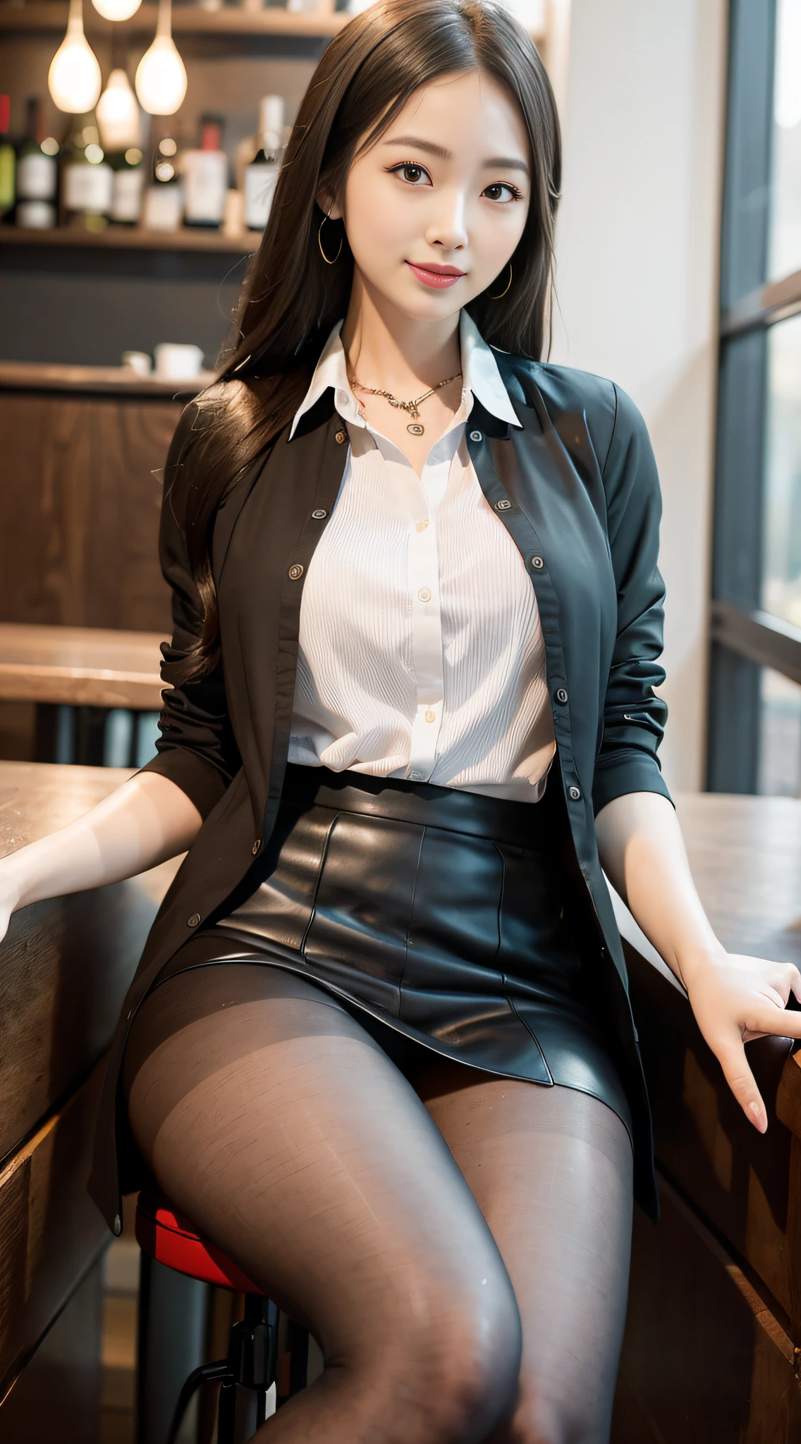 Exquisite, masterpiece, beautiful details, colorful, exquisite details, delicate lips, intricate details, large breasts, 1 female, (a beautiful 20-year-old cute Korean woman: 1.1), (kpop idol, Korean mixed), (50mm Sigma f/1.4 ZEISS lens, F1.4, 1/800s, ISO 100, photograpy: 1.1), (photorealistic: 1.4), (spy:1.2), (Open Jacket, Shirt, Skirt, Tie, (Black Pantyhose), Christian Louboutin\(Brand\),:1.3), Earrings, Necklace, Armband, (Tavern, Bar:1.2), (Beautiful Legs, High Girl, Skinny, slim_legs, thigh_gap, Model:1.2), Lens flare, viewed from the front, (Happy smile: 1.1), dynamic pose, (makeup: 1.2), sitting on a bar stool,