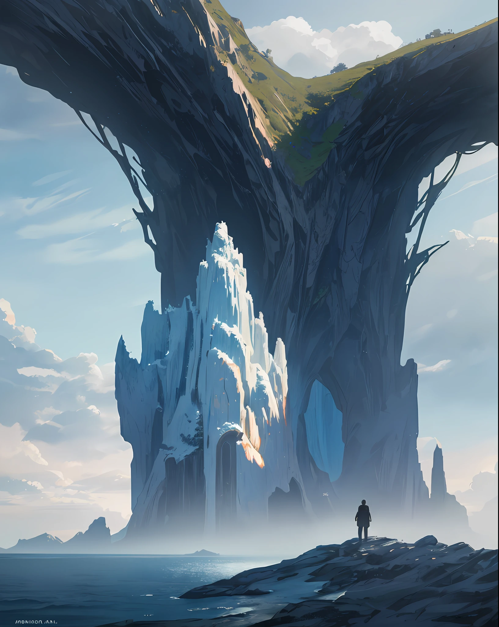 huge sky castle, masterpiece, top quality, high quality, highly detailed CG unity 8k wallpaper, landscape, outdoor, sky, clouds, day, peopleless, mountain, landscape, water, tree, blue sky, waterfall, cliff, nature, lake, river, cloudy sky, award-winning photography, bokeh, depth of field, HDR, bloom, chromatic aberration, photorealistic, highly detailed, artstation trend, cgsociety trend, complex, High detail, dramatic, art on the journey