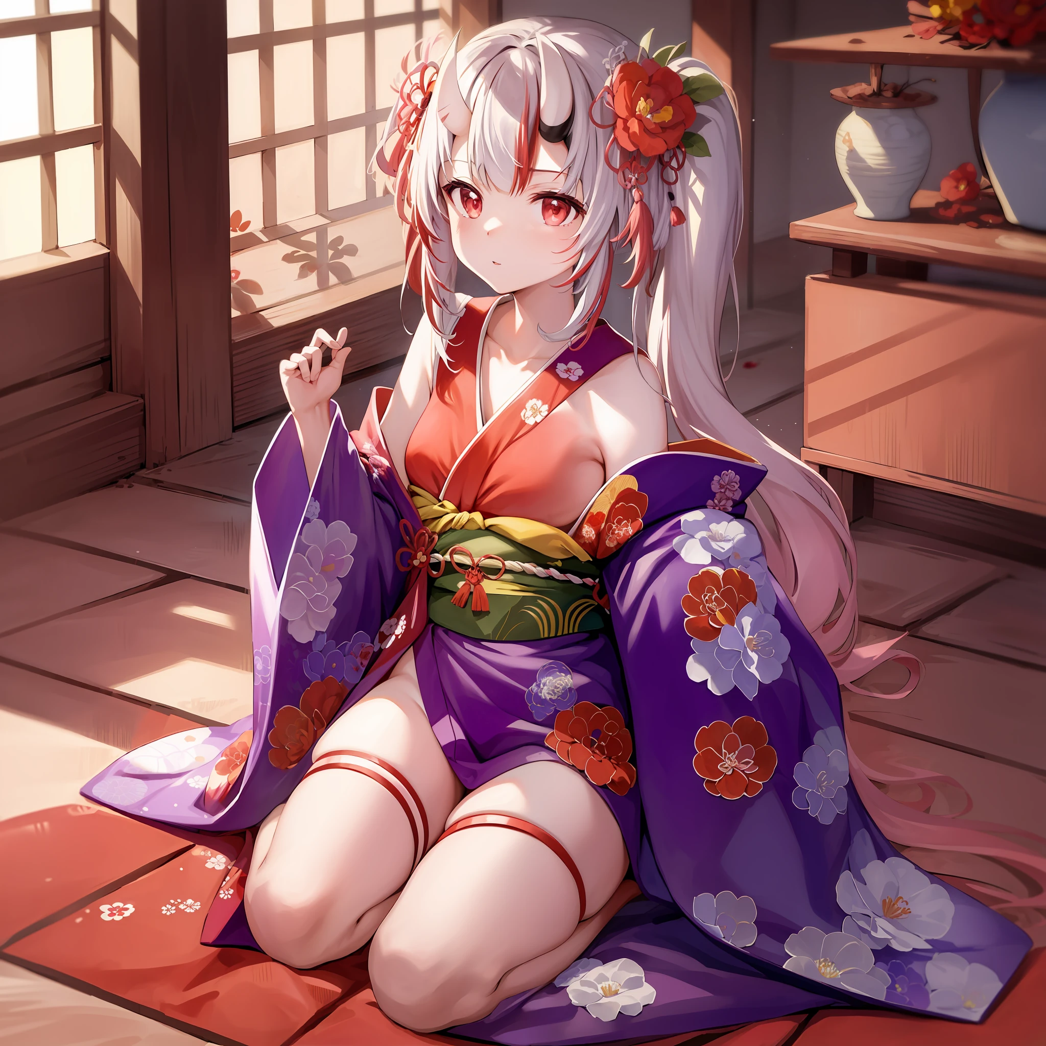 ((Masterpiece)), (Best Quality), Solo,Nakiri Ayame, long hair, side ponytail, AyameNewYears, red kimono, floral print, hair flower, sash, wide sleeves, (NSFW:1.4), Full Body