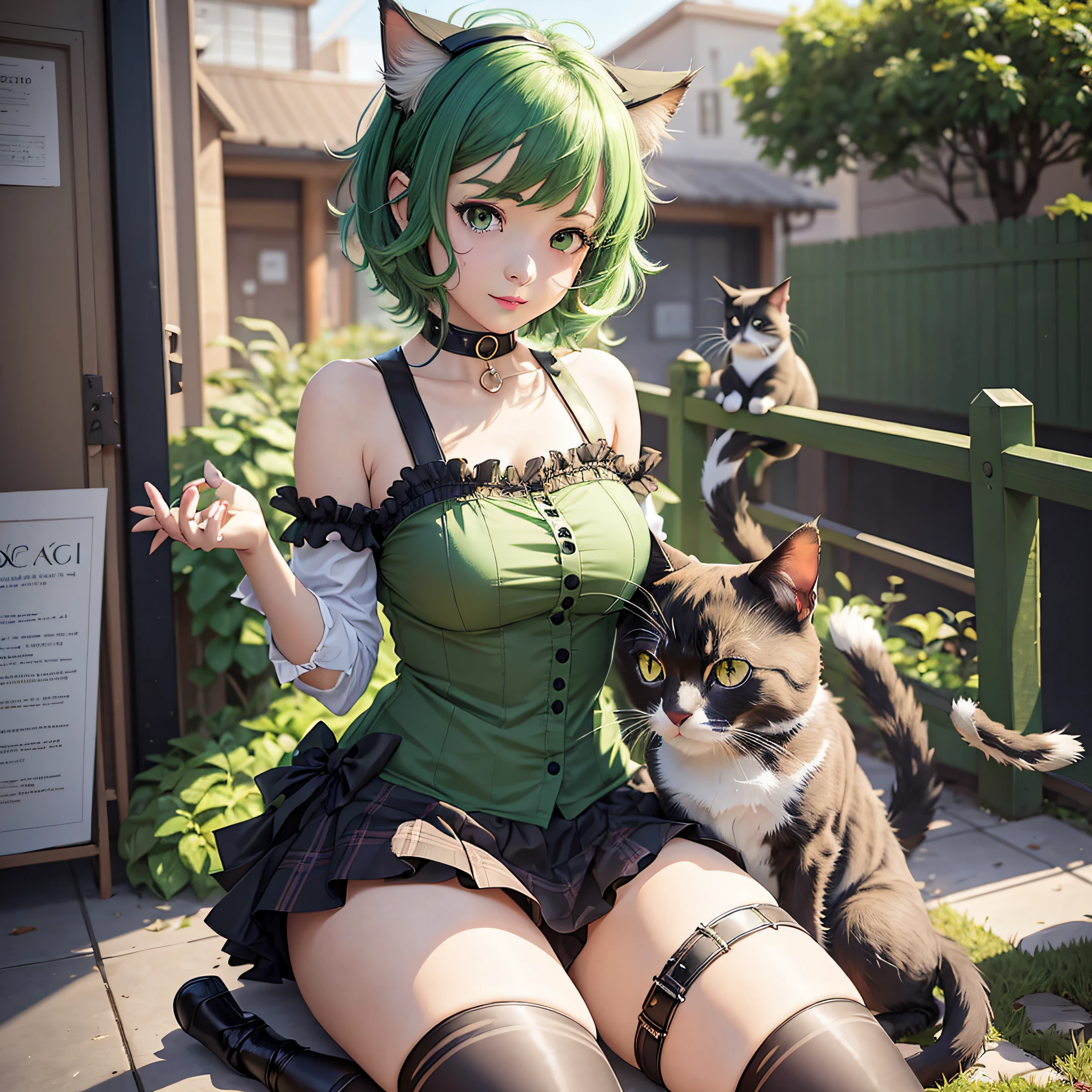 There is a woman in a green dress sitting on the ground with a cat, attractive cat girl, very beautiful cat girl anime, beautiful catgirl anime, cat anime, catgirl anime, catgirl very beautiful, anime girl with cat ears, cat girl, beautiful young catgirl, cute catgirl anime, realistic anime style, realistic anime cat