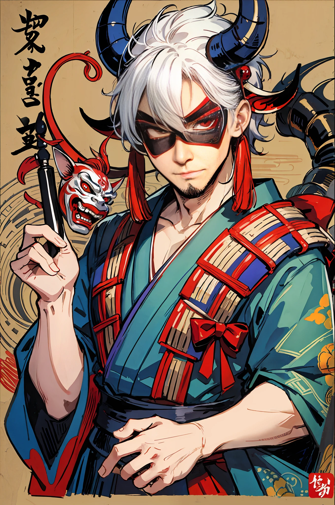 (highest quality), sake drinker, handsome, demon mask, mask, yokai,