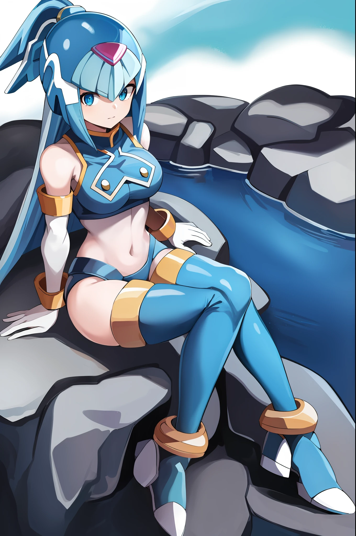 Aqua_konosuba, 1girl, solo, blue eyes, long blue hair, android, helmet, sitting on rock, thighs, water, high quality, masterpiece,