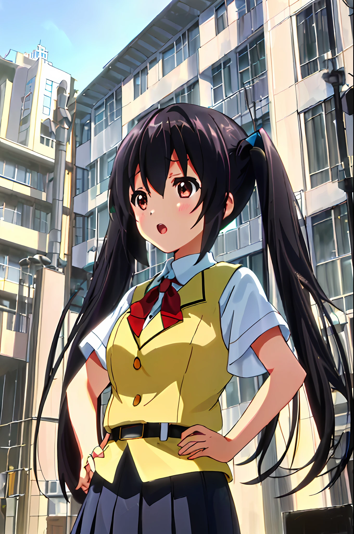 1girl, ((((Masterpiece))), Best Quality, Best Quality, High Detail, Azusa Nakano, 1girl, Sakuragaoka High School Uniform, Musical Instrument, School Uniform, Twin Tails, Long Hair, Black Hair, Brown Eyes, Solo, Red, Dark blue blazer with a thin ribbon of red, Solid white button shirt under blazer, Illustration, Cartoon, Soothing tones, Muted colors, Soft cinematic light, Adobe Lightroom, Photo Lab, HDR, complex and highly detailed, (((depth of field))))). (((Masterpiece))). (((highest quality))).) ((super detail))). (((Illustration))). (((Outside))). (((hands on hips))). (((Stretch your chest)))),(((Gigantic))).dynamic focus.small breasts. (((skyscrapers))). (((Cityscape))). (((Face of sadness))). open mouth.