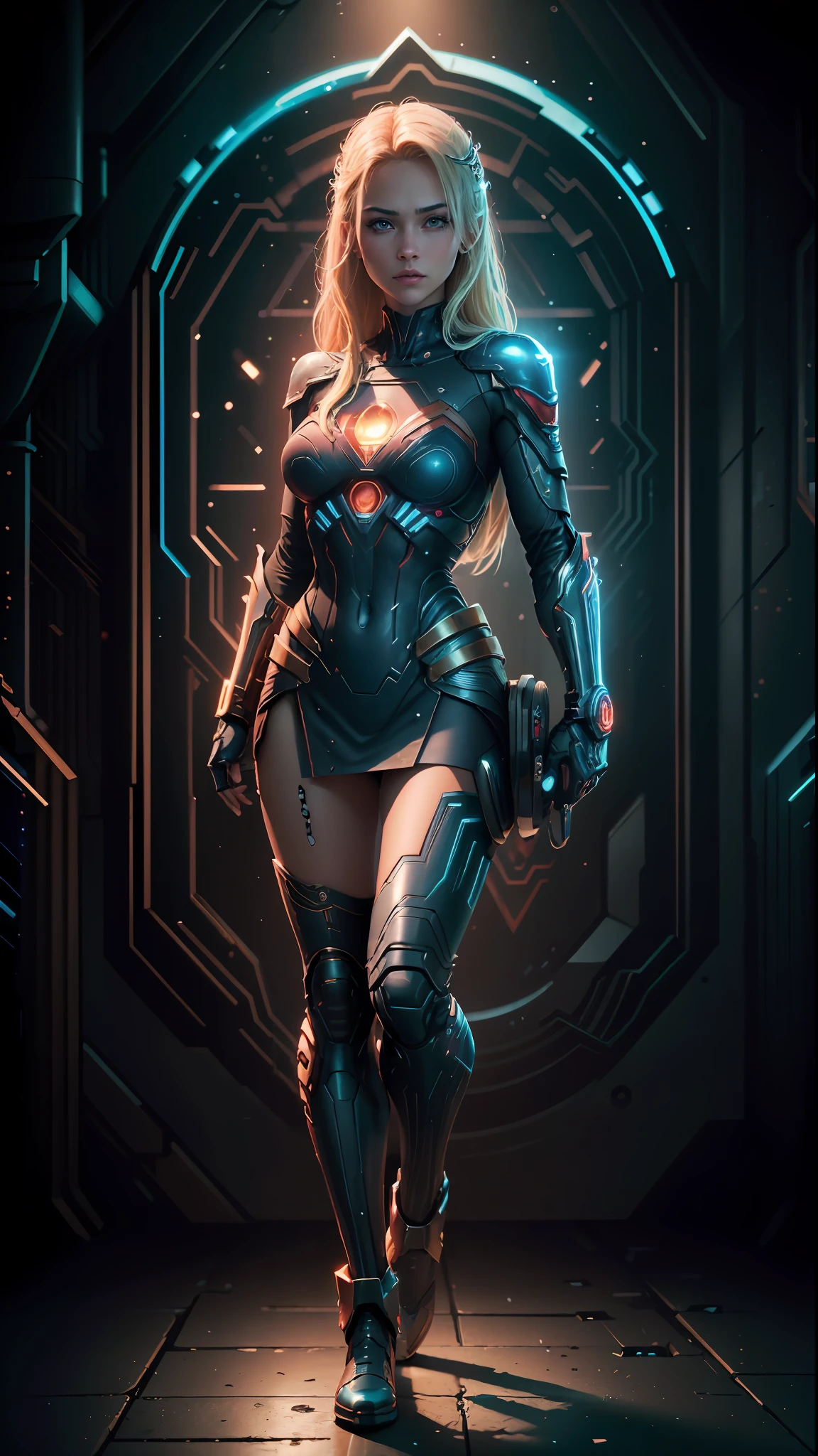 ((Best Quality)), ((Masterpiece)), (Detailed: 1.4), 3D, an image of a beautiful cyberpunk Supergirl,HDR (High Dynamic Range),Ray Tracing,NVIDIA RTX,Super-Resolution,Unreal 5,Subsurface Dispersion, PBR Texture, Post-processing, Anisotropic Filtering, Depth of Field, Maximum Clarity and Sharpness, Multilayer Textures, Albedo and Specular Maps, Surface Shading, Accurate Simulation of Light-Material Interaction, Perfect Proportions, Octane Render,  Two-Tone Lighting,Wide Aperture,Low ISO,White Balance,Rule of Thirds,8K RAW,CircuitBoardAI, Blonde Hair, Blue Eyes, Superman S Symbol on Chest, Red Color Boots.