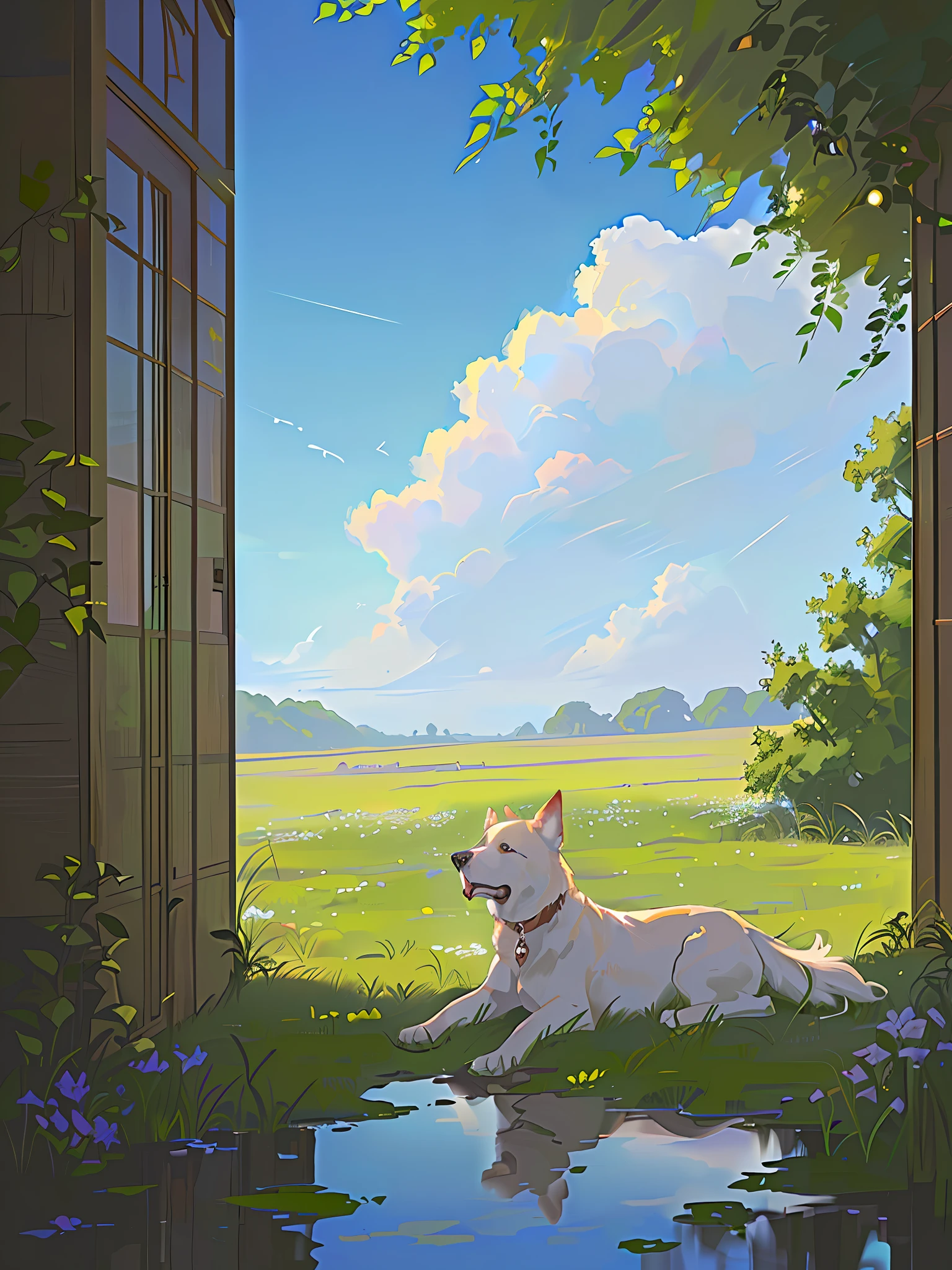 Summer, meadow, blue sky, white clouds, yellow dog --v6