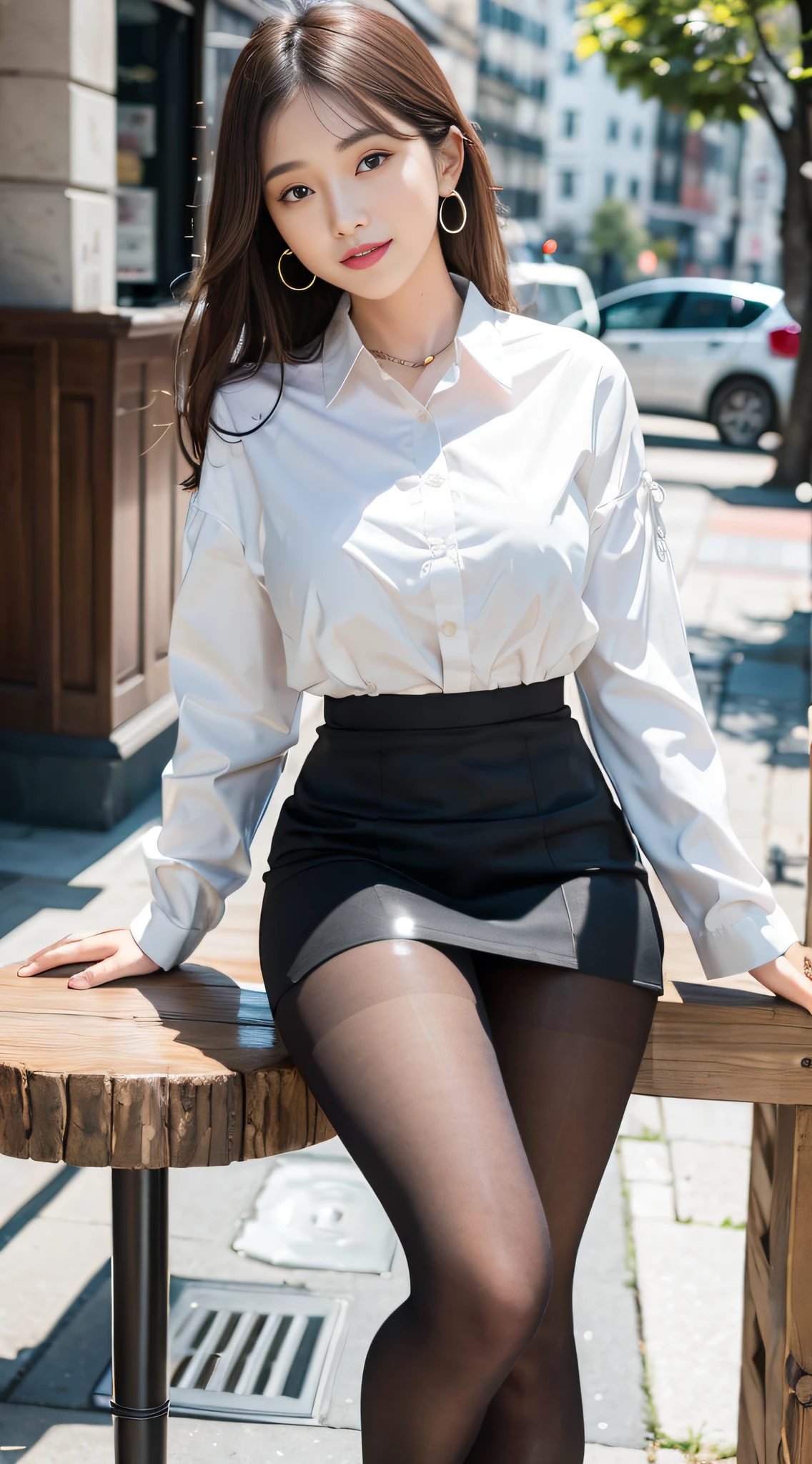 Exquisite, masterpiece, beautiful details, colorful, exquisite details, delicate lips, intricate details, large breasts, 1 female, (a beautiful 20-year-old cute Korean woman: 1.1), (kpop idol, Korean mixed), (50mm Sigma f/1.4 ZEISS lens, F1.4, 1/800s, ISO 100, photograpy: 1.1), (photorealistic: 1.4), (spy:1.2), (Open Jacket, Shirt, Skirt, Tie, (Black Pantyhose), Christian Louboutin\(Brand\),:1.3), Earrings, Necklace, Armband, (Tavern, Bar:1.2), (Beautiful Legs, High Girl, Skinny, slim_legs, thigh_gap, Model:1.2), Lens flare, viewed from the front, (Happy smile: 1.1), dynamic pose, (makeup: 1.2), sitting on a bar stool,