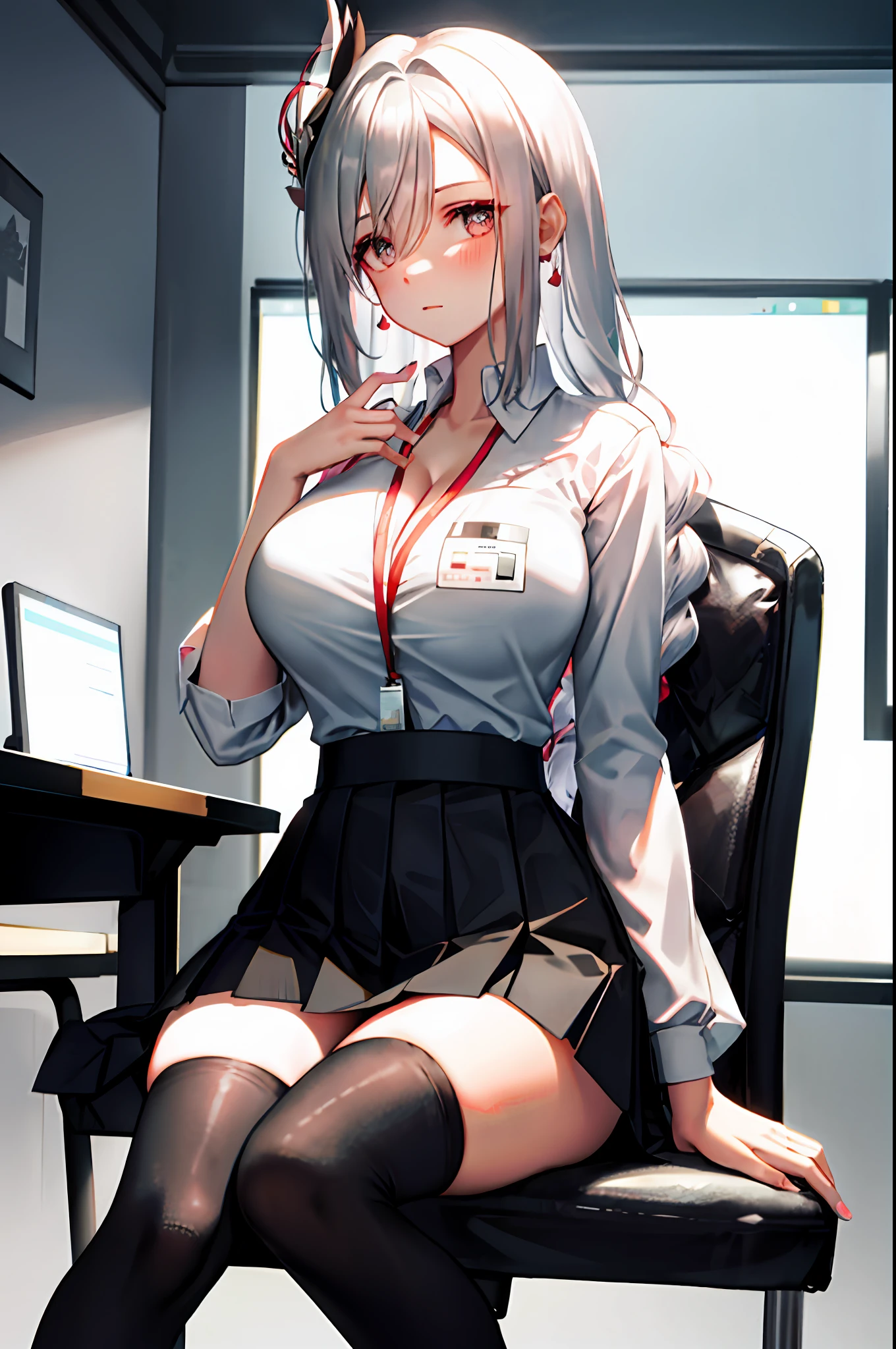 Shenhe, 1girl, solo, ((white shirt)), black thighhighs, breasts, cleavage, uniform, office background, black skirt, pleated skirt, office, hair between eyes, hair ornament, large breasts, long hair, looking at viewer, silver hair, braid hair, silver short nails, silver eyes, solo, thighhighs, thighs, very long hair, ((masterpiece)), sitting, chair, desk, computer on desk, name tag, id tag, indoor, blush, sexy pose,