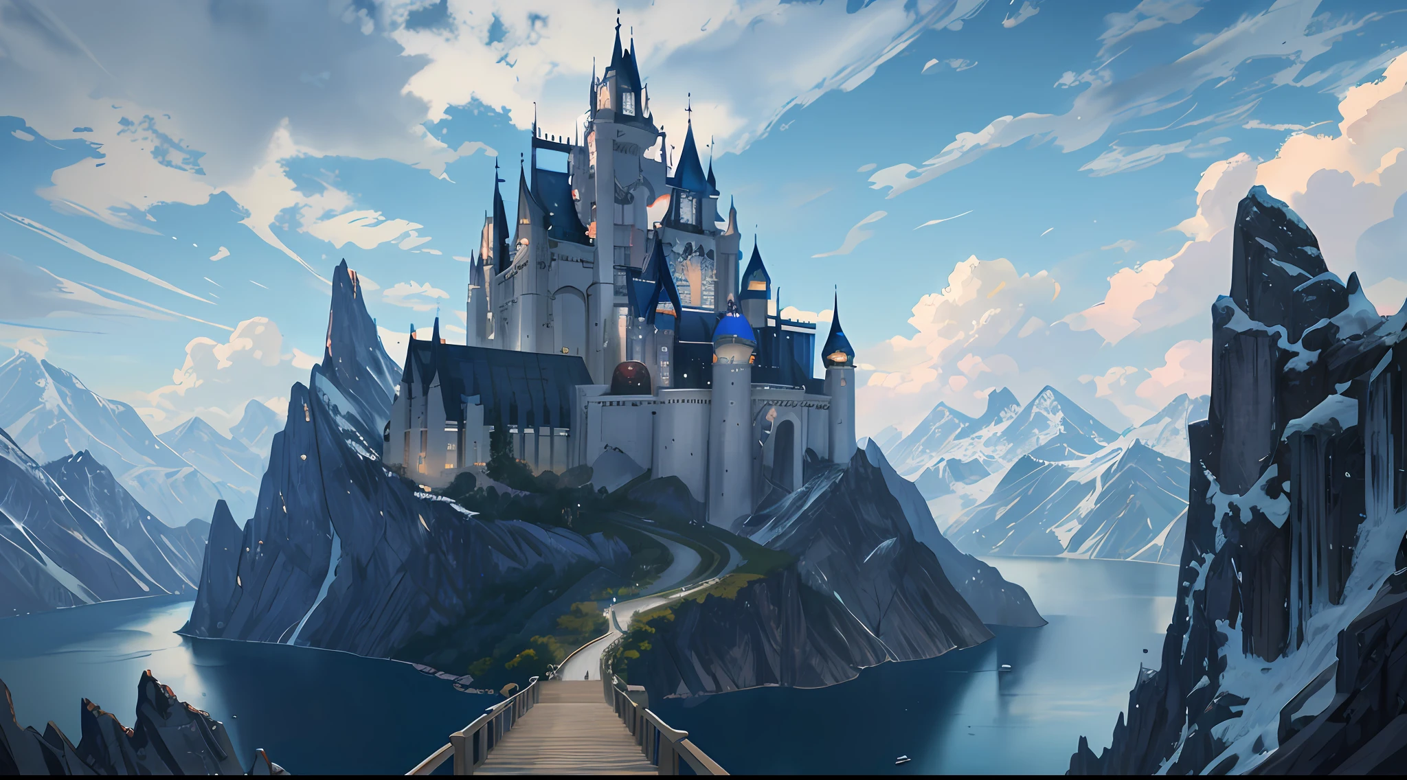 huge sky castle, masterpiece, top quality, high quality, highly detailed CG unity 8k wallpaper, landscape, outdoor, sky, clouds, day, peopleless, mountain, landscape, water, tree, blue sky, waterfall, cliff, nature, lake, river, cloudy sky, award-winning photography, bokeh, depth of field, HDR, bloom, chromatic aberration, photorealistic, highly detailed, artstation trend, cgsociety trend, complex, High detail, dramatic, art on the journey