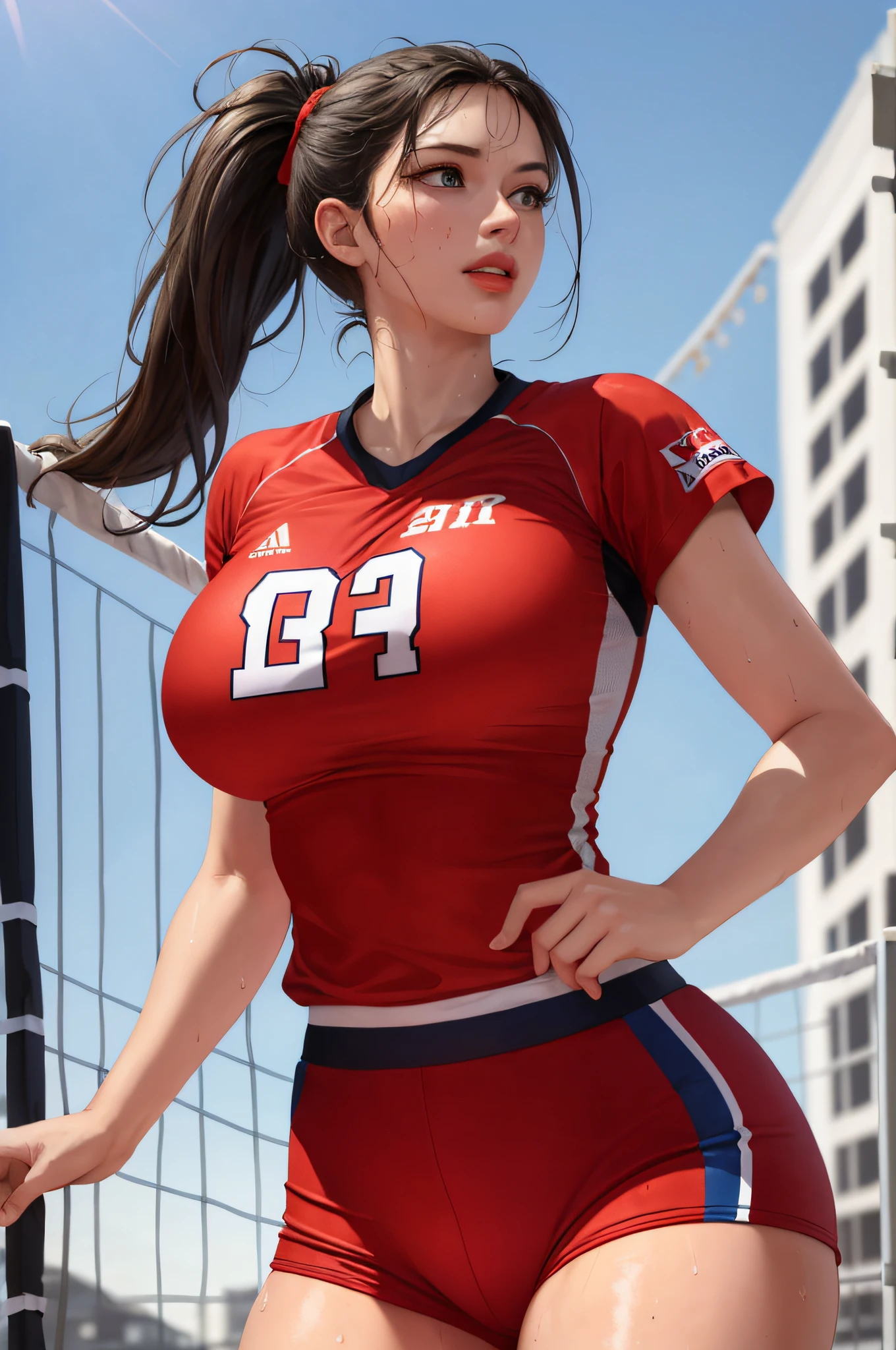 Masterpiece: 1.2, Best Quality), Realism, (Real Pictures, Intricate Details, Depth of Field), (1girl, Solo), Makeup, Lips Parting, High Detail, Perfect Face, (Huge Tits: 1.4), (Skindentation), Thick Thighs, Wide Buttocks, Thin Waist, Tall, Coral Lips, Blue Eyes, Ponytail, (Girl Playing Volleyball, Red Volleyball Uniform), (Sweating: 1.2), (Wet), Sexy, Blushing,