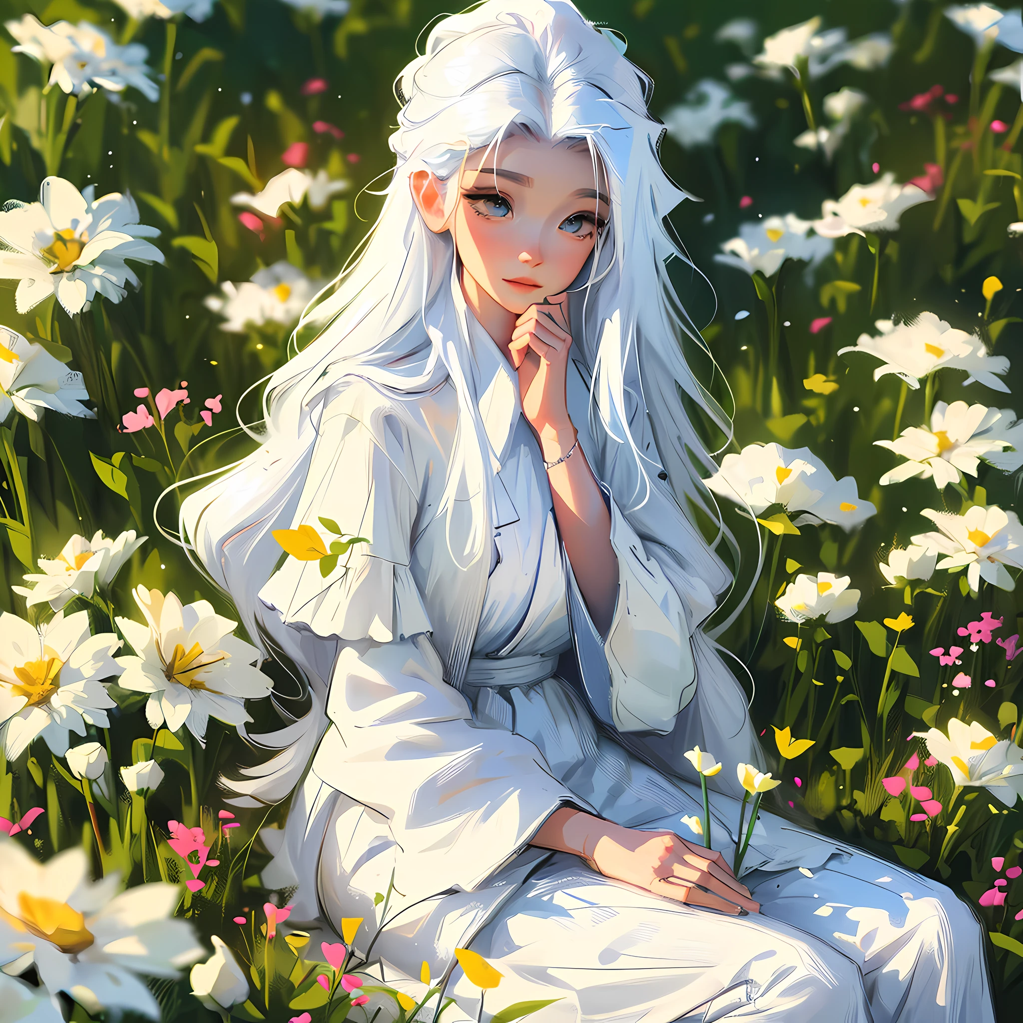 (masterpiece, best quality),1girl with long white hair sitting in a field of green plants and flowers, her hand under her chin, warm lighting, white dress, blurry foreground