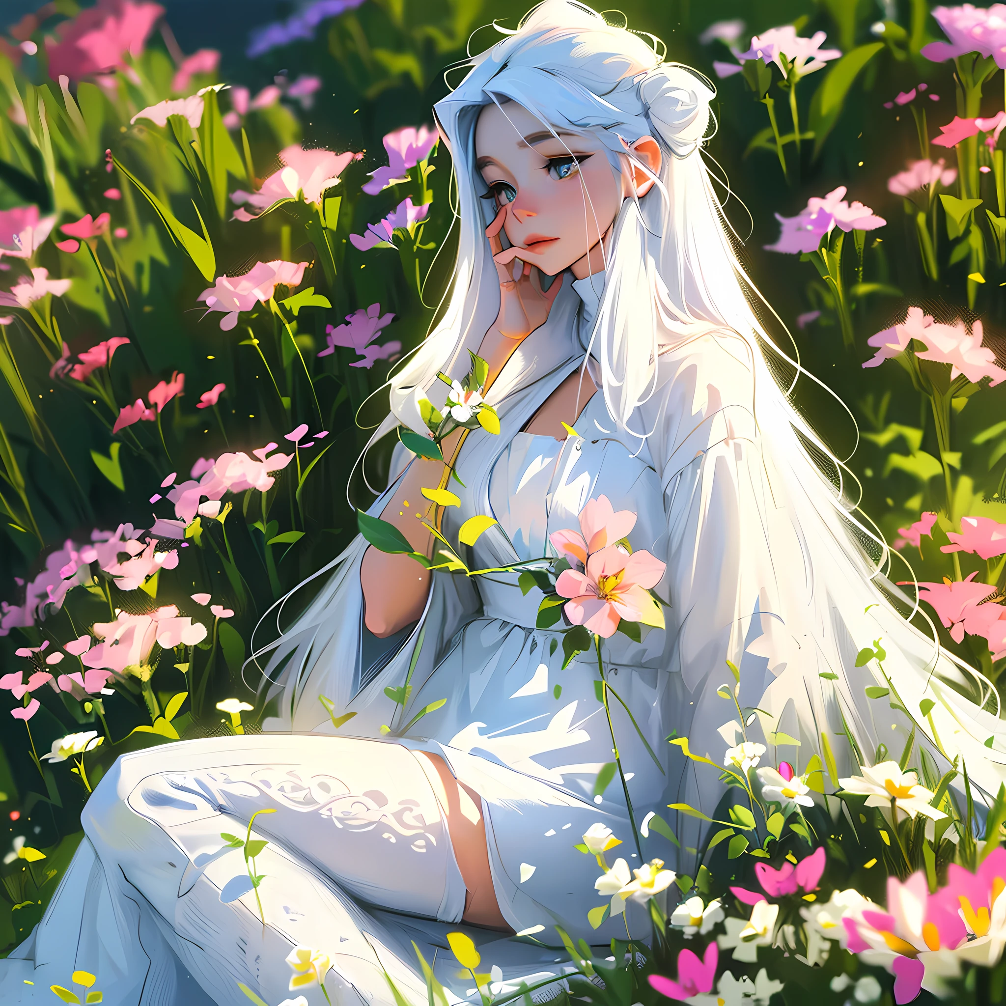 (masterpiece, best quality),1girl with long white hair sitting in a field of green plants and flowers, her hand under her chin, warm lighting, white dress, blurry foreground