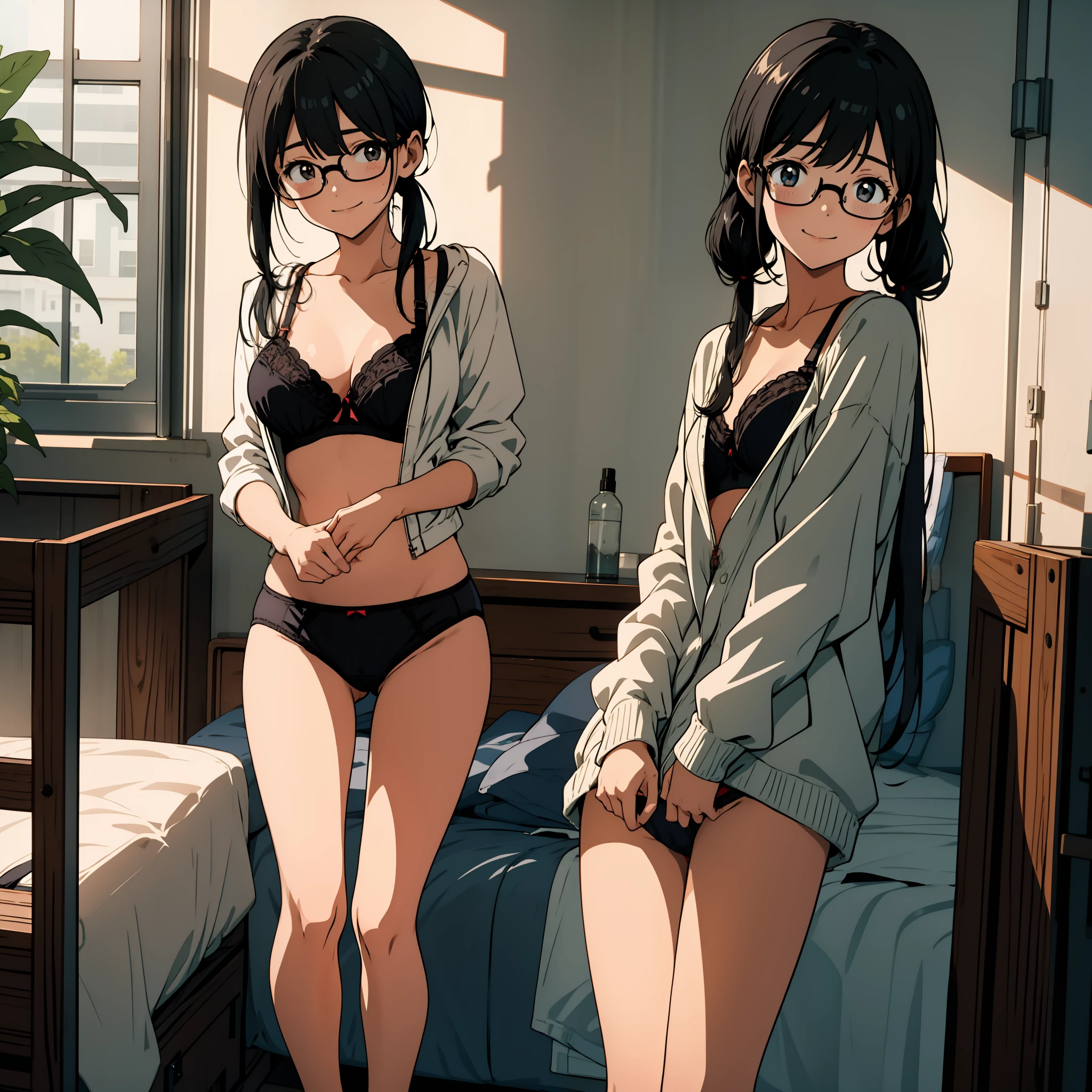 Underwear, No jacket, Cute bra, Falling on the bed, Showing off your crotch, Hands on your crotch, Clear liquid leaking from your crotch, Cute underwear, Long bangs, Dim warehouse, Smiling girl, , Big breasts, Black hair pigtails, Patsun, Black hair, Gloomy, Glasses, Chubby,, Red cheeks, Ecstasy,