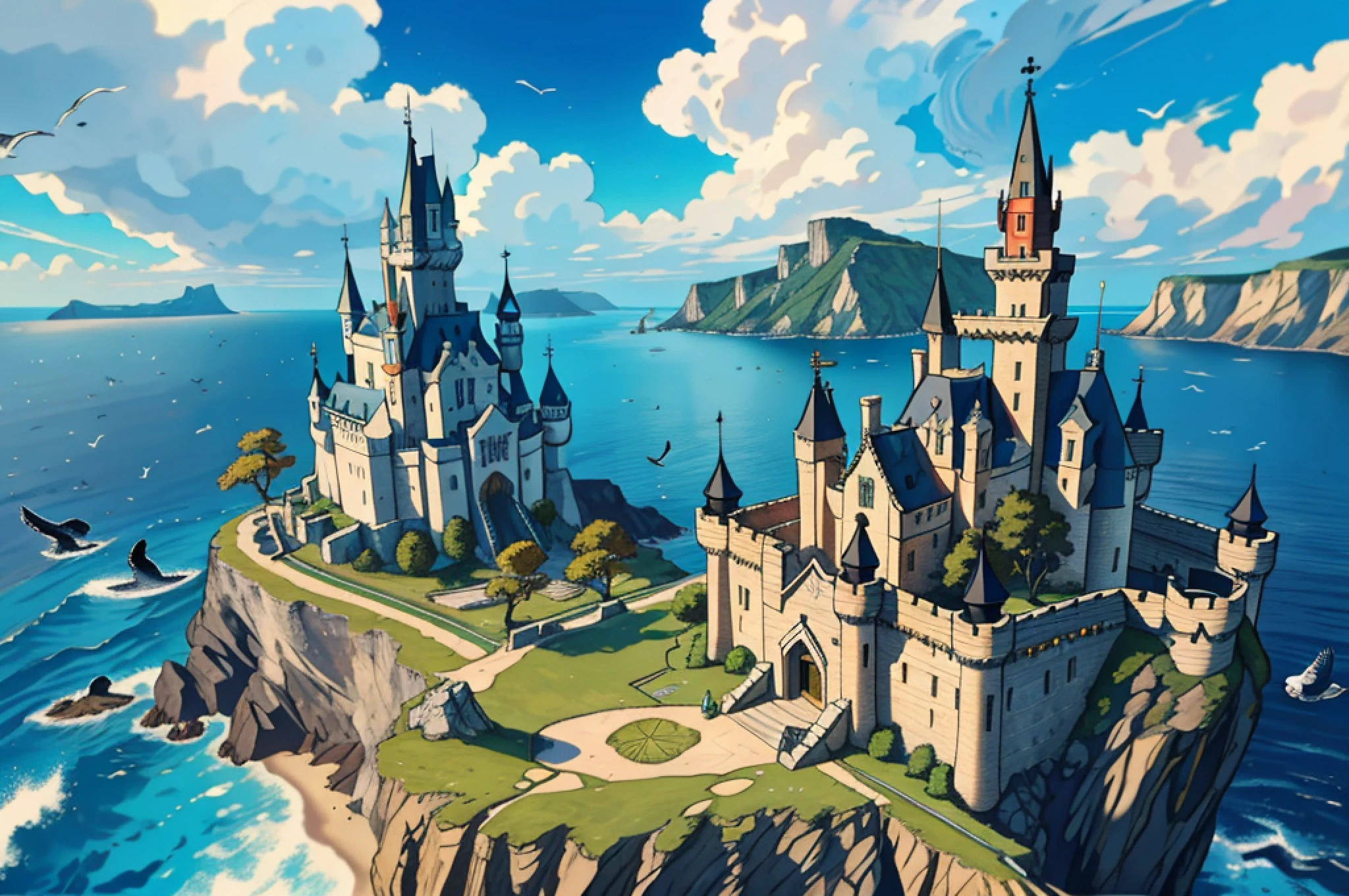 (Super Detailed, 8K, Cinematic Level) Masterpiece, Superb Elf Building on the Cliff, Overlooking the Great Sea, Castle on the Hillside, Aerial View, A Flock of Seabirds Flying Over the Castle