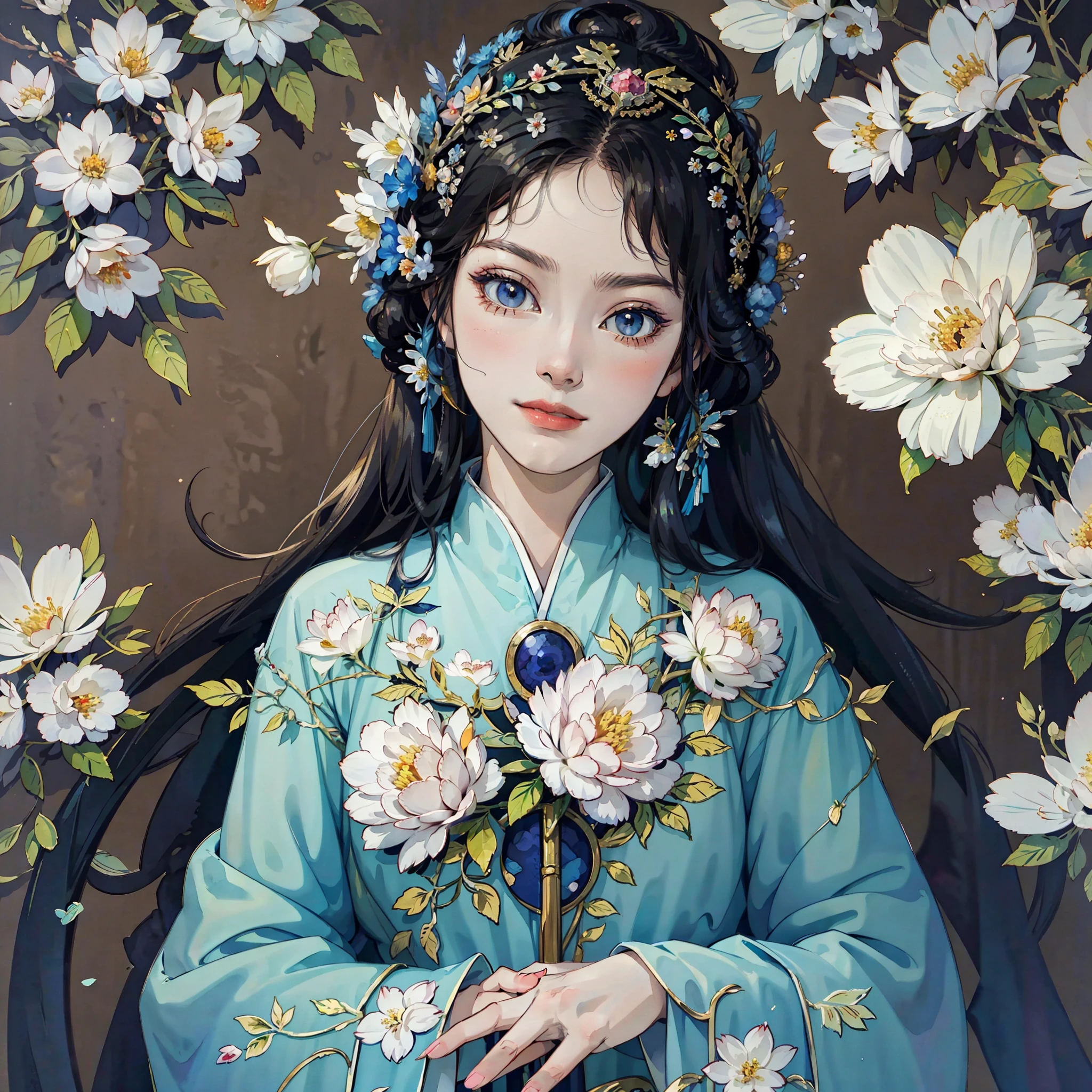 Antique anime girl, beautiful spring flower god, delicate face, delicate hair, 3D stereoscopic, flowers blooming, CG, super detail, ultra HD, watercolor painting, 8k --auto --s2