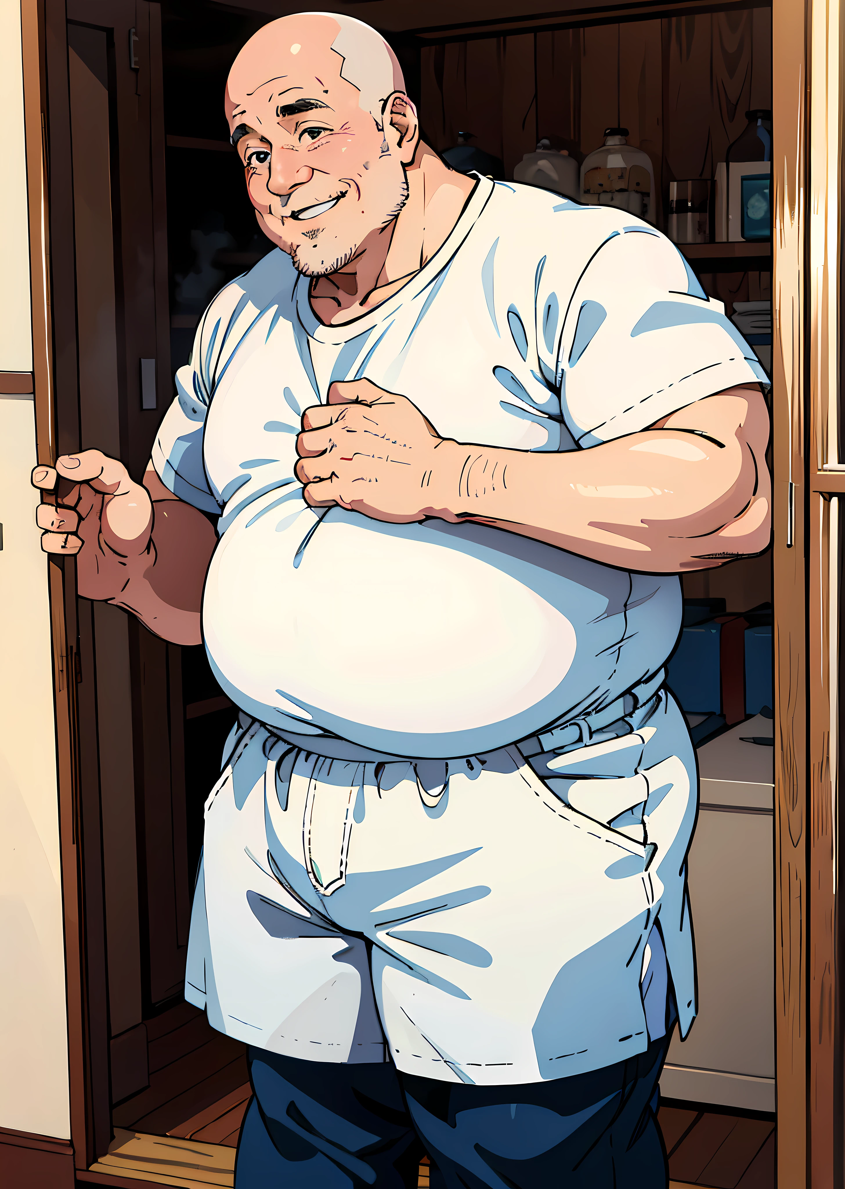 (1 man, bald, obese, middle-aged man, white shirt) with white panties on his head and lewd smile