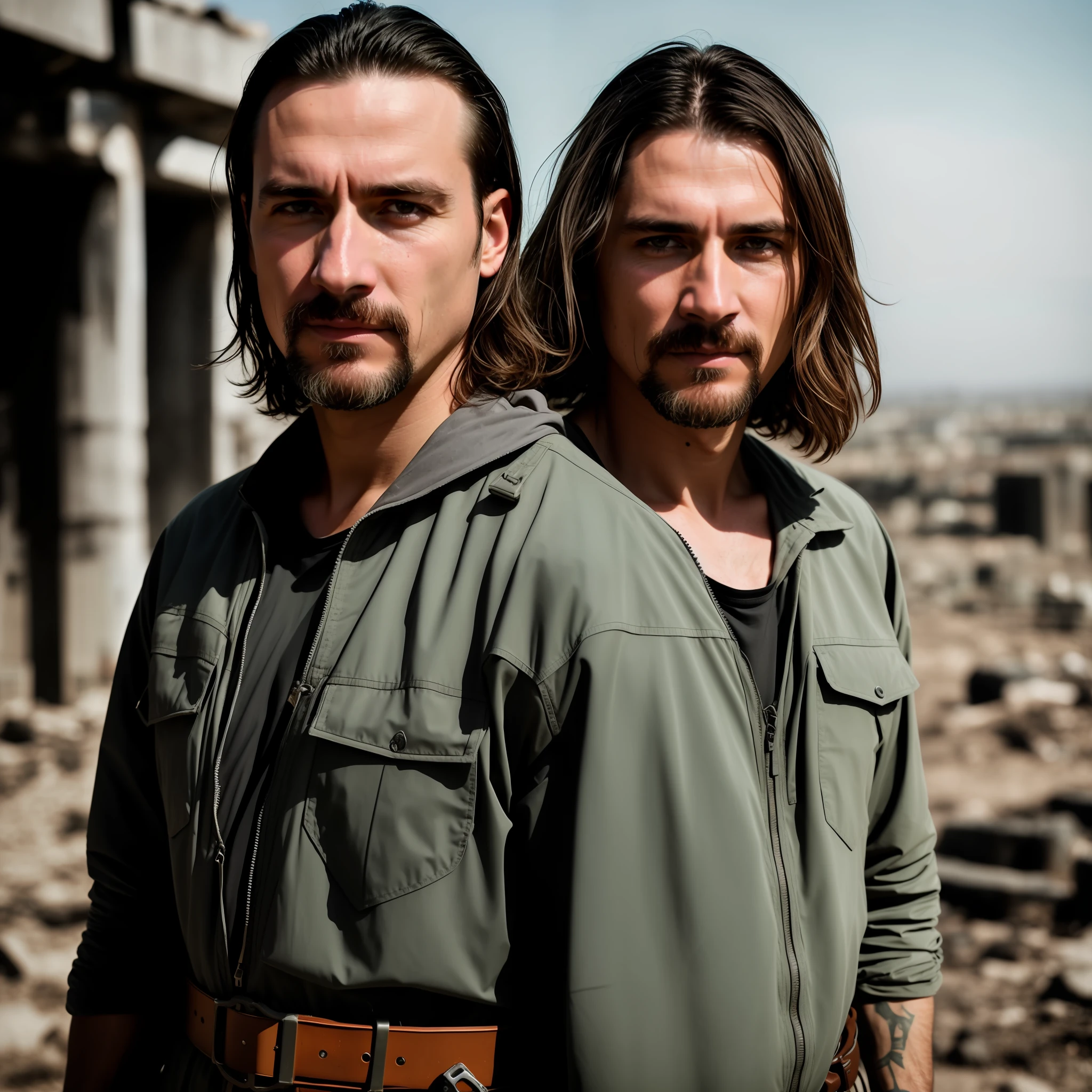 RAW photo, a close up portrait photo of brutal 45 y.o man in wastelander clothes, long haircut, pale skin, slim body, background is city ruins, (high detailed skin:1.2), 8k uhd, dslr, soft lighting, high quality, film grain, Fujifilm XT3