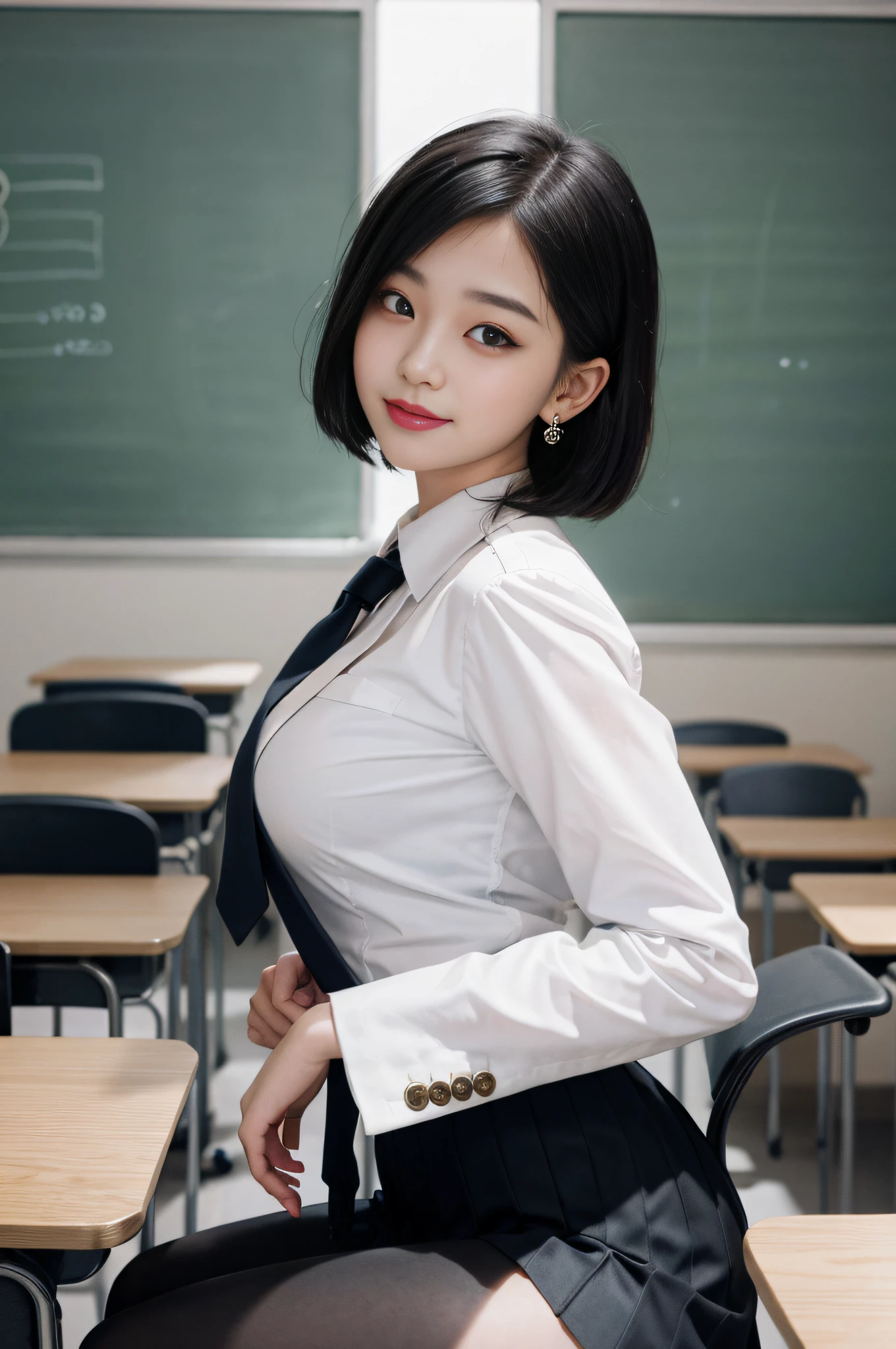 8K RAW Photos, High Resolution, 17 Year Old Cool Korean, Big Round Breasts, School Uniform, Tie, Tie Ribbon, Blazer, Skirt, Beautiful Eyes in Every Detail, Long Eyelashes, Beautiful Double Eyelids, Eye Shadow, Cut Eyes, Sanpaku Eyes, Perfect Eye Makeup, Evil Smile, Beautiful Thin Legs, Bob Cut, , Short Wave Hair, Various Hairstyles, Earrings, School Classroom