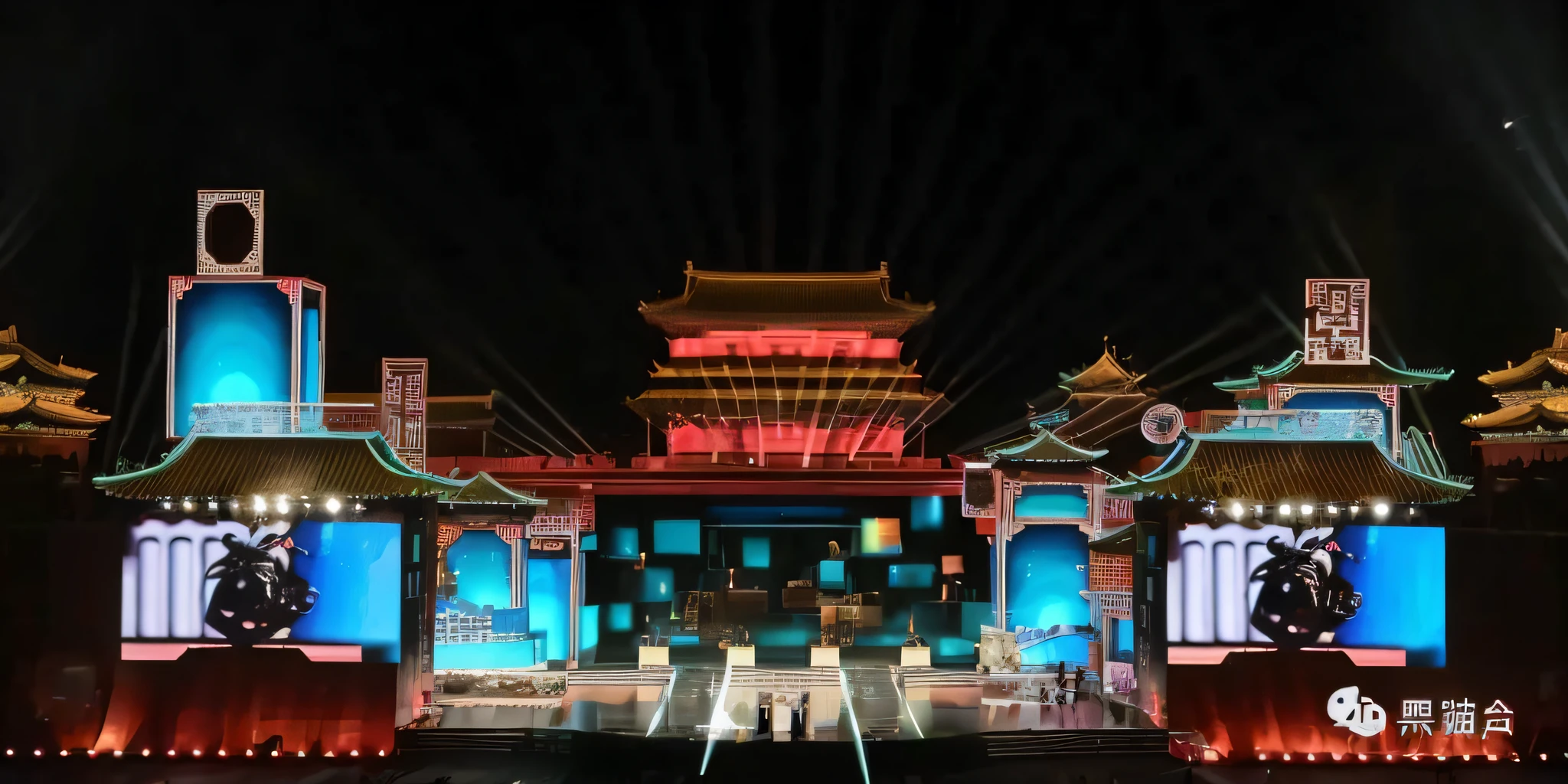 Stage close-up with building background, projection mapping, elaborate stage effects, giant led screen, theatrical lighting, hito steyerl, 3 6 0 projection, ancient chinese architecture, giant red led screen, chinese architecture, large led screen, stage Lighrt, large commercial led screen, forbidden city, glowing empire pattern, hd rendering