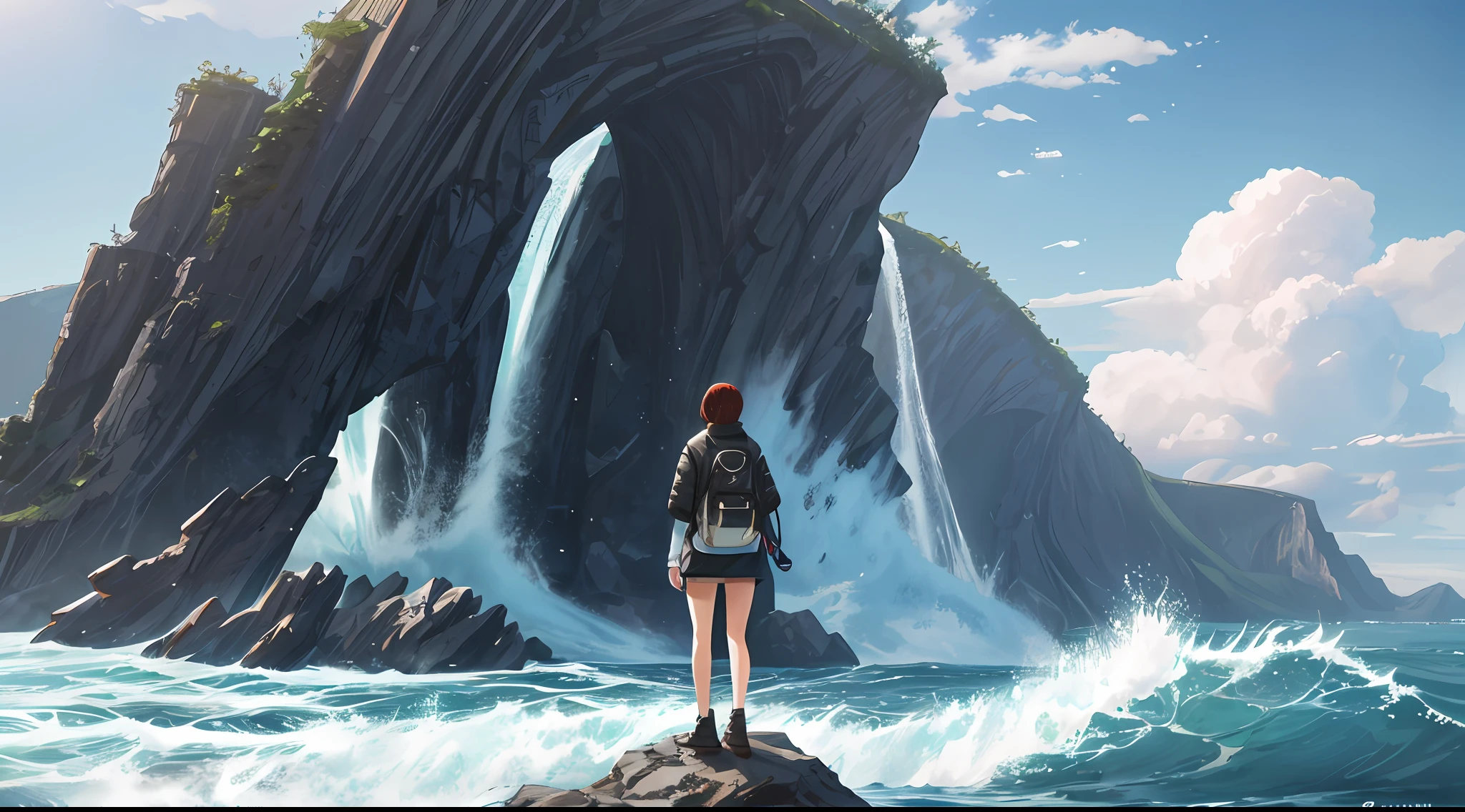 huge bridge, huge wave, masterpiece, highest quality, high quality, girl looking up, highly detailed cg unity 8k wallpaper, landscape, outdoor, sky, clouds, day, peopleless, mountain, landscape, water, tree, blue sky, waterfall, cliff, nature, lake, river, cloudy sky, award-winning photography, bokeh, depth of field, hdr, bloom, chromatic aberration, photorealistic, highly detailed, artstation trend, CGsociety trends, complexity, high detail, dramatic, art on the journey