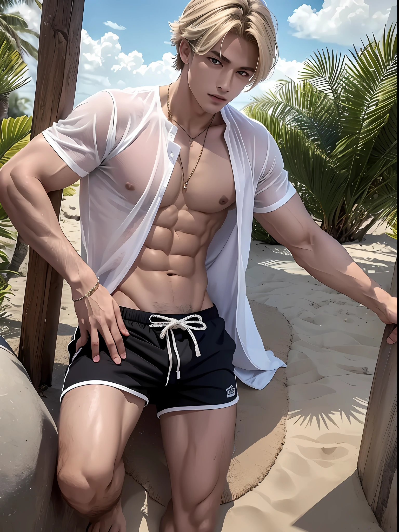 ((Masterpiece)), (Best Quality), ((Masterpiece)), (Best Quality), (Details), (1 Boy),Male in his 20s Blonde, Black eyes, Tanned skin, Lean, Handsome, Shirtless, , Navel, Barefoot, 8K, Detail, Ultra detailed, Absurd. Half pants. T-shirt. Beach. Beach. Beautiful skin. Flank.