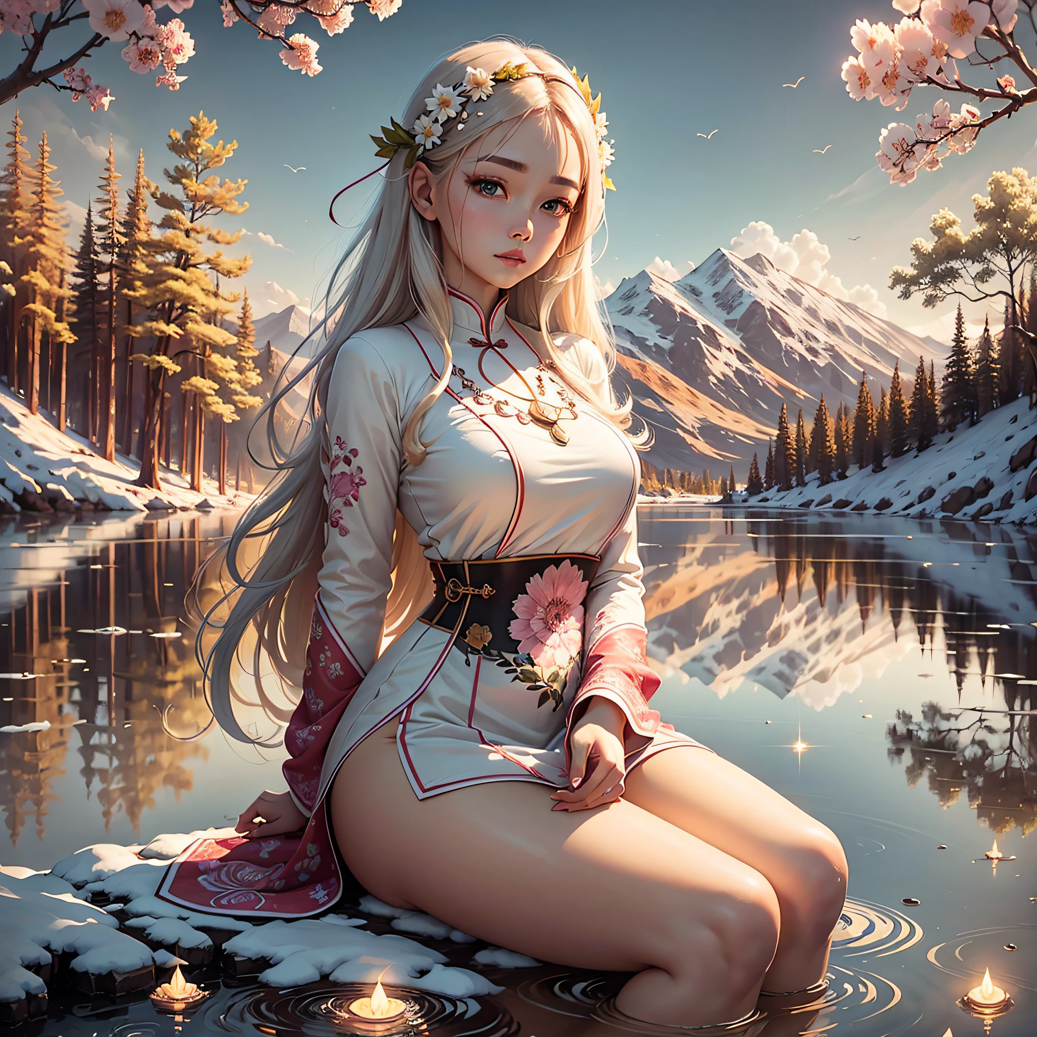 Very beautiful anime girl, sitting on a rock in the lake, a mountain in the background, beautiful digital artwork, Guvez style artwork, beautiful seductive anime woman, (((side light))), Japanese goddess, beautiful digital art, Ross Tran. Landscape background, beautiful anime artwork, very beautiful digital art, beautiful anime girl, cute detailed digital art, beautiful anime
