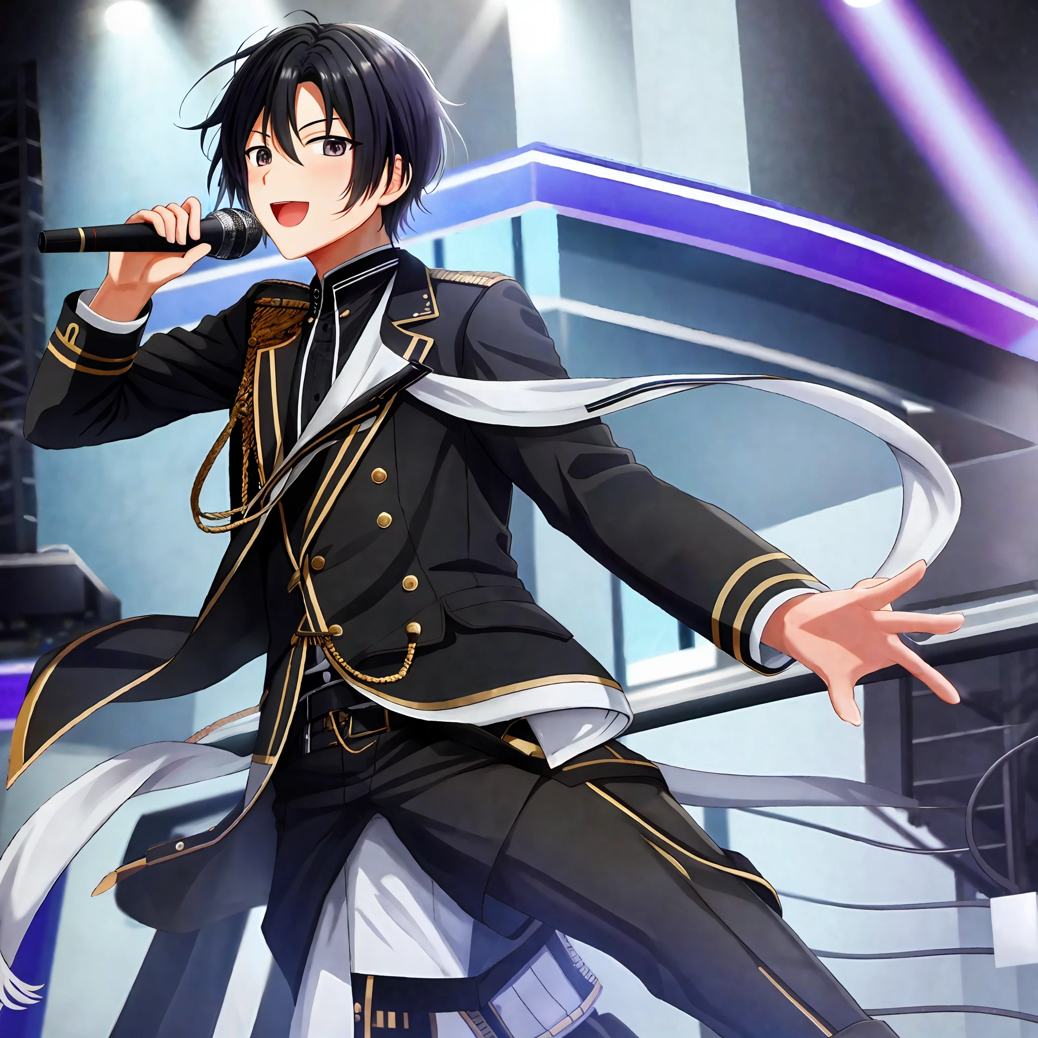 Mesterpis, Best Quality, 1 Boy, 1 Boy, 8K, Solo,band_uniform, Black Hair, Vocals, Mike