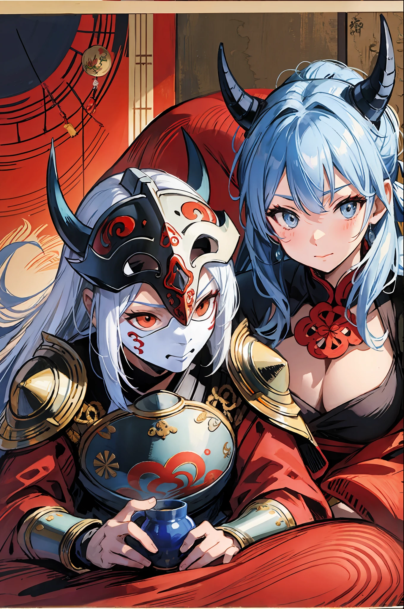 (highest quality), sake drinkers, armor, helmets, demon masks, masks, yokai,