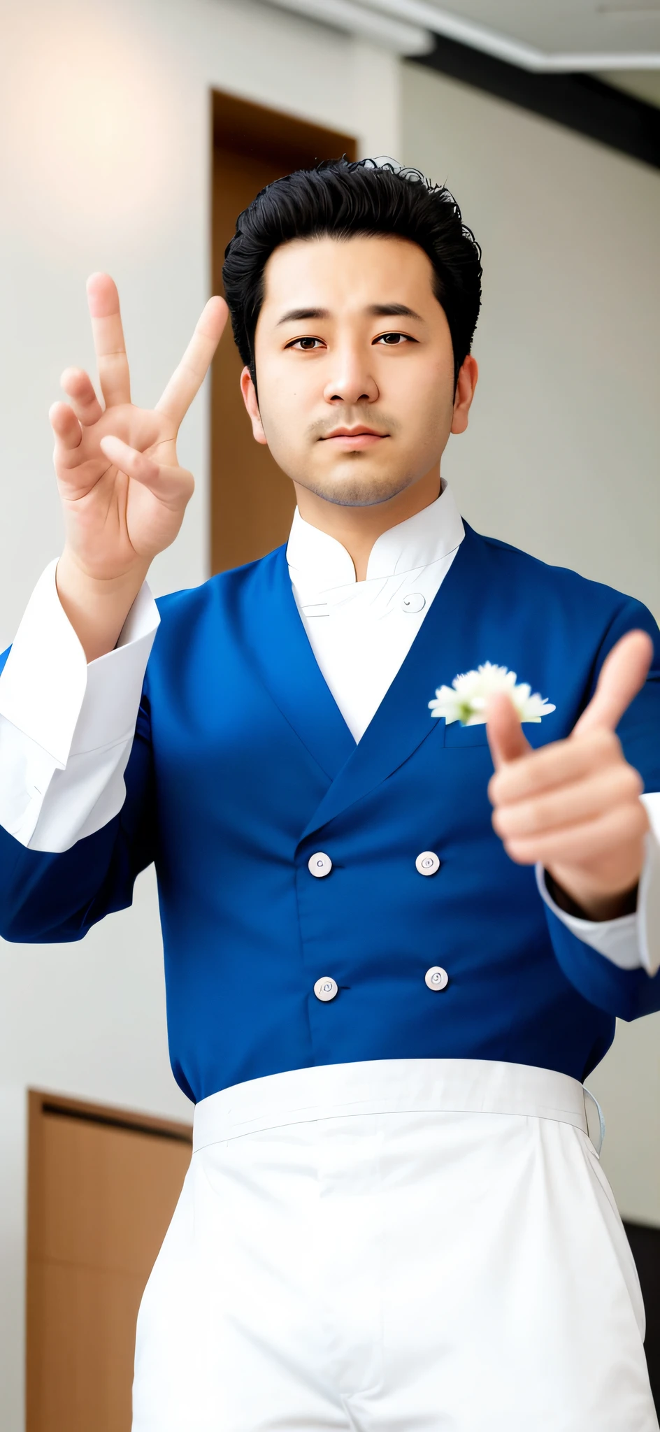 arafed man in a white shirt and blue pants making a peace sign, inspired by Kanō Eitoku, inspired by Kanō Shōsenin, koji morimoto shinjuku, style of shuzo oshimi, best chef, yasushi nirasawa style, inspired by Shūbun Tenshō