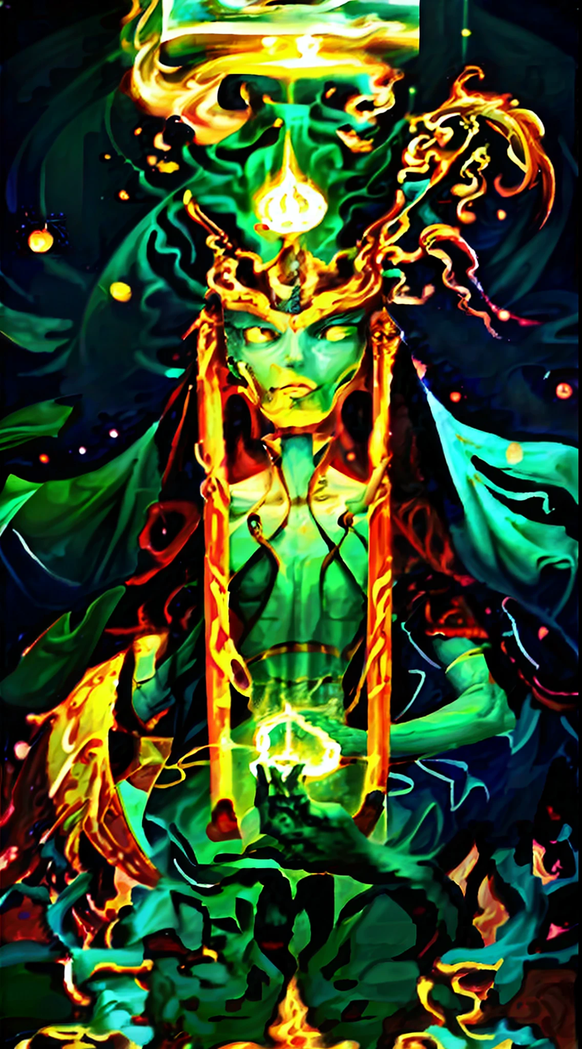 Arafard image, CG society and Fenghua bell-style tones, Hu Zaobin and Huang Shen's painting style, Feng Zhu conceptual art-like high precision, green glowing eyes, man in armor, is the portrait of the human emperor and the god emperor, Guan Yu's epic sci-fi character art image, robot shaman inspiration, Jeremy Chong's design elements. --auto --s2
