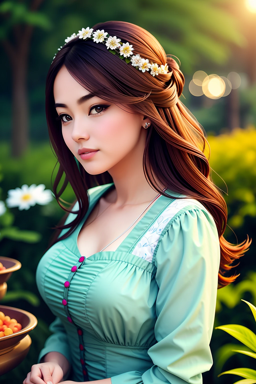 Woman sitting on a bench, best portrait photo, beautiful face, long hair, focus on the sky, looking at the sky, contented expression, Burmese style, renaissance shirt, short dress, stunning beauty, beautiful round body, legs bent, sitting, sunlight, soft light, strong concept, background, trees, big buildings, natural, realistic, realistic, detailed, 8K