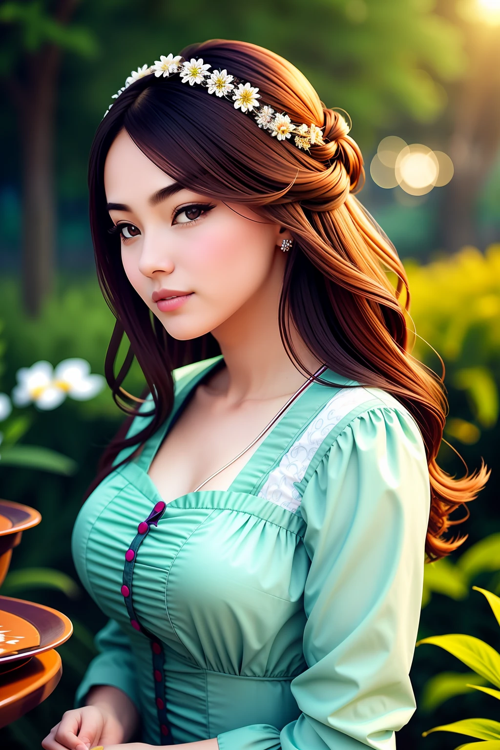 Woman sitting on a bench, best portrait photo, beautiful face, long hair, focus on the sky, looking at the sky, contented expression, Burmese style, renaissance shirt, short dress, stunning beauty, beautiful round body, legs bent, sitting, sunlight, soft light, strong concept, background, trees, big buildings, natural, realistic, realistic, detailed, 8K