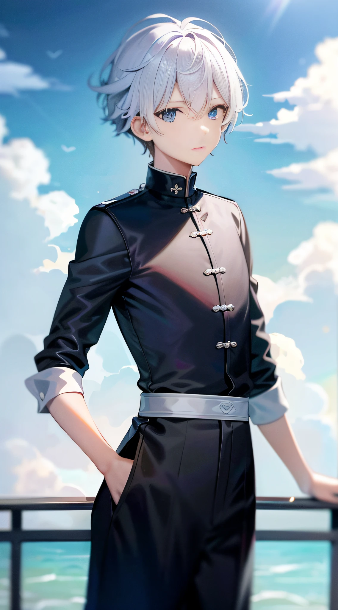 1boy,刘海,blue_eyes,cloud,hair_between_eyes,圆领短袖,多波浪雨,波浪后面,looking_at_viewer,male_focus,short_hair,solo,upper_body,white_hair