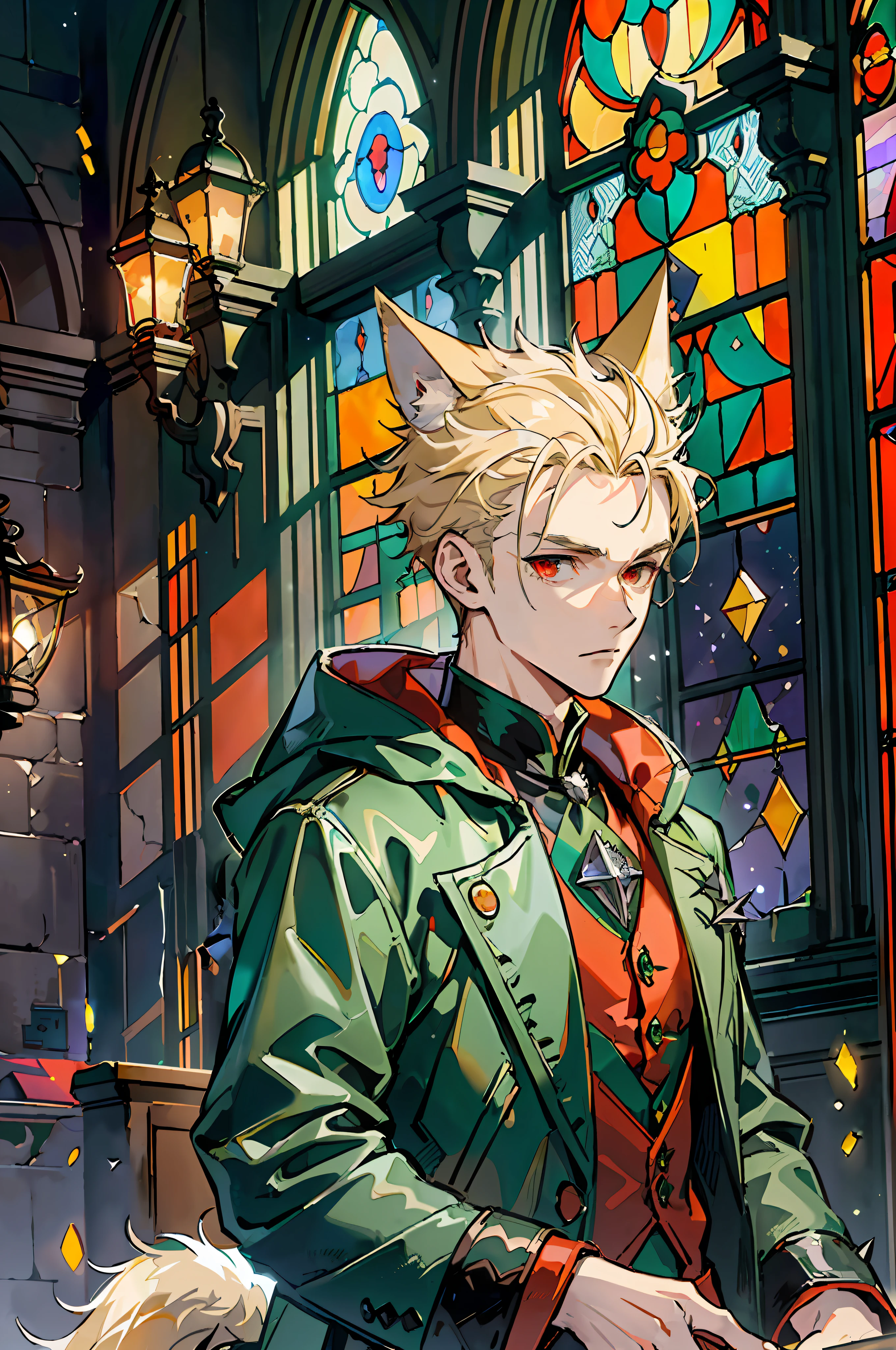 ((Masterpiece: 1.4, Best Quality)), (Short Blonde), (Spiked Hair), Red Eyes, (Green Coat: 1.3), Wolf Ears and Tail, (Church: 1.2), (Stained Glass: 1.3), 20s male, Handsome, Pillar, Sky Cover, (Light Particles), (Moonlight Coming Through Window), Halloween
