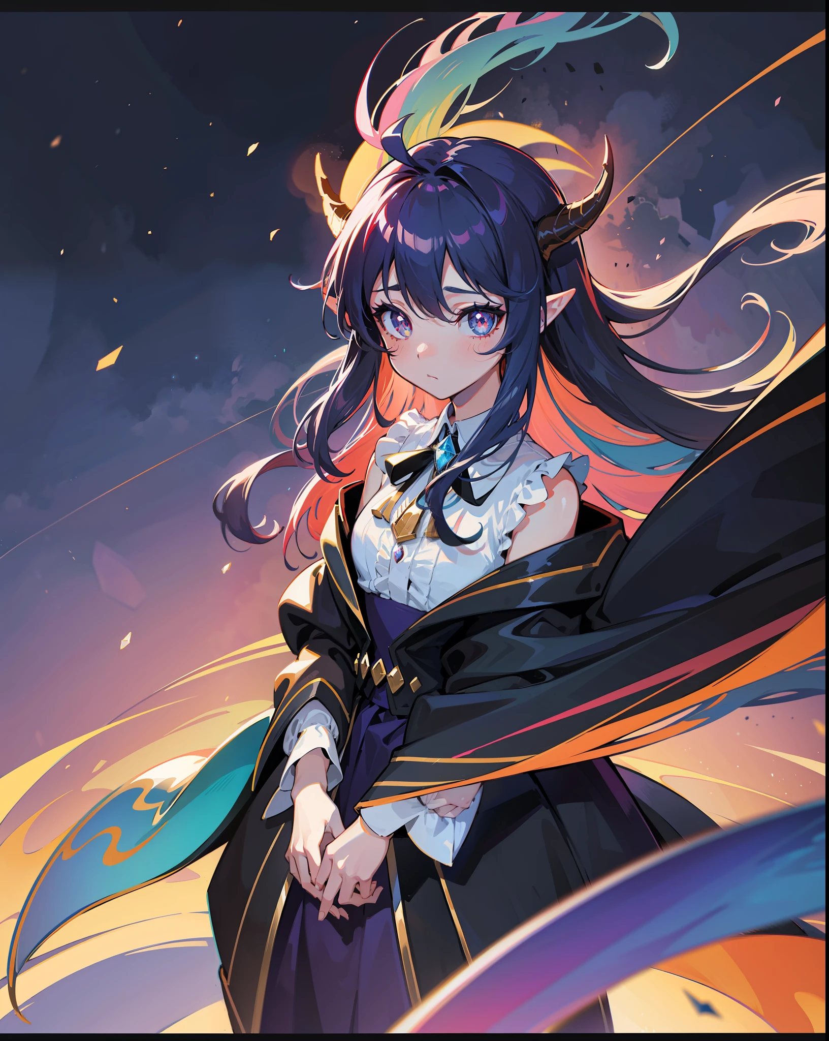 1 girl, full body, full body shoot, fantasy style, magic vibes, night sky, fantasy background, ahoge, bangs, rainbow hair, side drill, hair between eyes, wavy hair, expressive hair, crystal hair, ribbon, horns, scar across eye, star-shaped pupils, gradient eyes, amber eyes, horizontal pupils, pointy ears, shy, bright pupils, full blush, cinematic lighting, chromatic aberration, film grain, character chart, reference sheet, head out of frame, framed, three sided view, multiple views, high detail, Ghibli-like colours, anime style, anime, ((masterpiece)), masterpiece, super detail, high details, high quality, 4K, 8k, 16k, highres, UHD