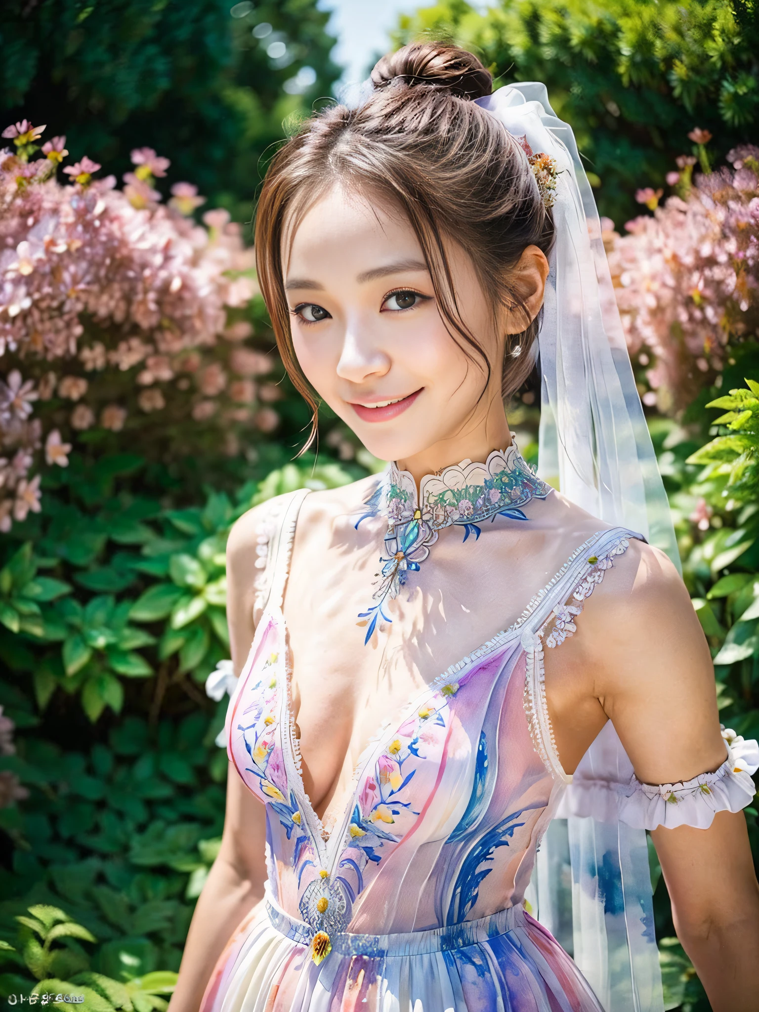 (Masterpiece), (Intricate Details), (Watercolor:1.3), (Perfect Anatomy:1.3), [:(Intricate Details), (Detailed Skin), (Detailed Face):0.2],, 1Woman, Small Breasts, Smile, Tan, Short Hair, Ponytail, (Forehead Exposure:1.2), Fine Wrinkles, Pore, Complexion, Korean, K-pop Idol, , Pink wedding dress, Wedding veil, Smile, Vibrant wedding hall, Outdoor, Various flowers, (English Garden:1.3), Cowboy shot,